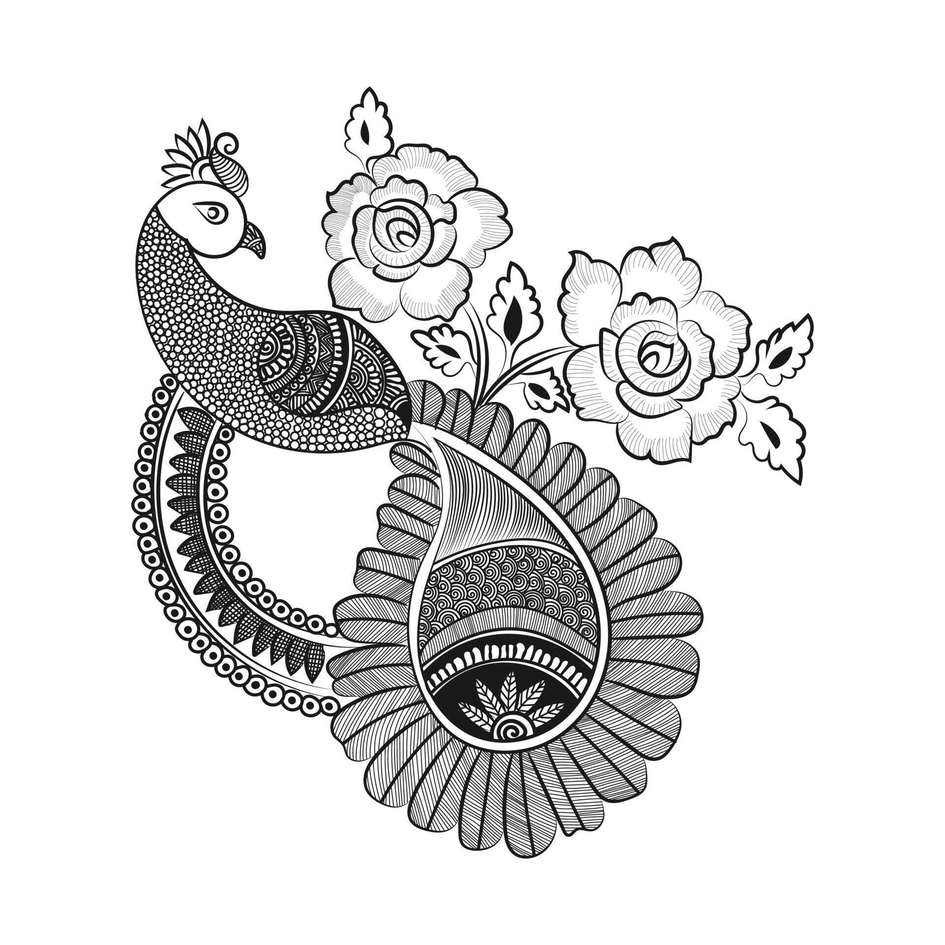 Peacock and flower hand drawn line art design Stock Free Stock Free