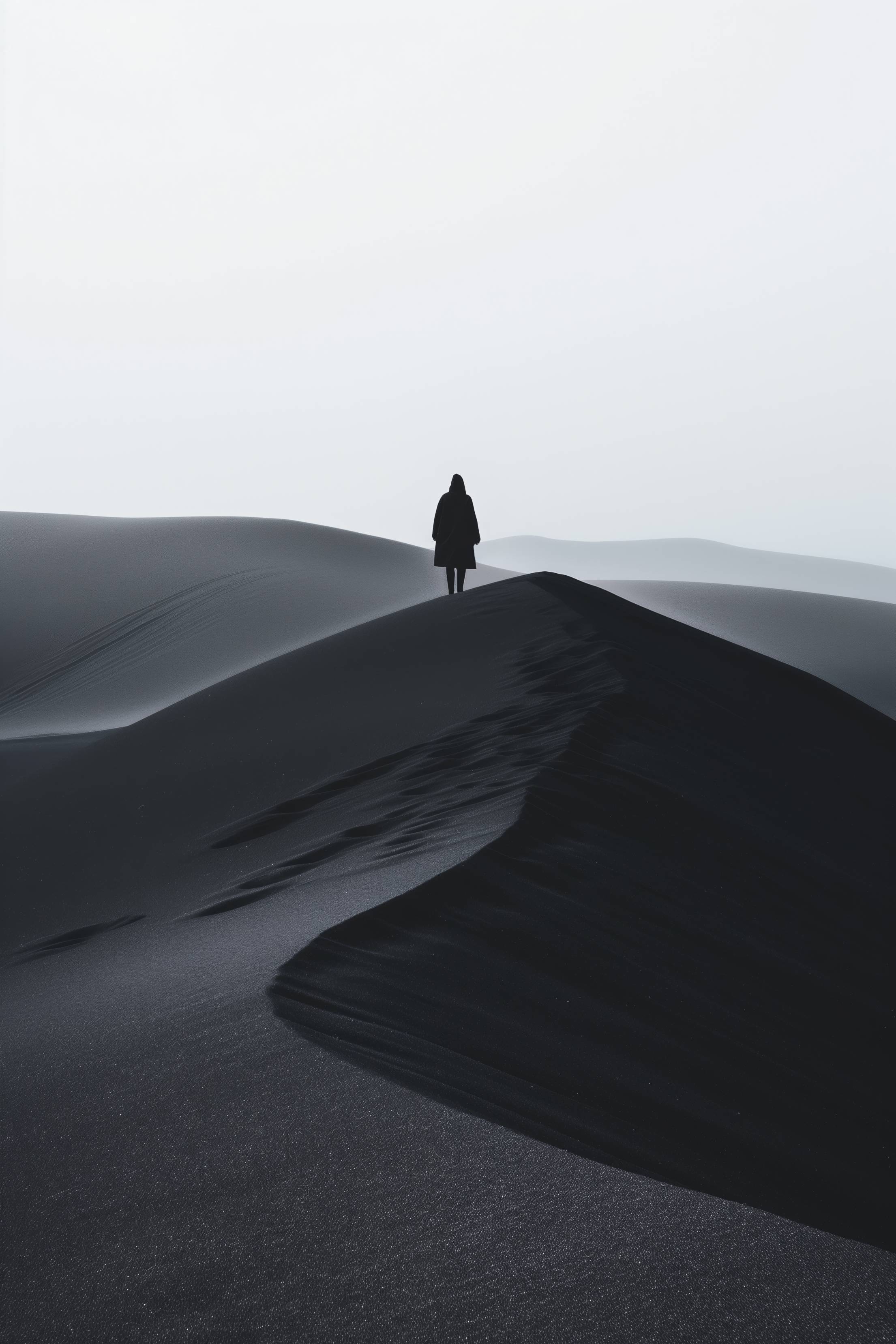 Minimalist Silhouette of a Man on Black Dunes Stock Free