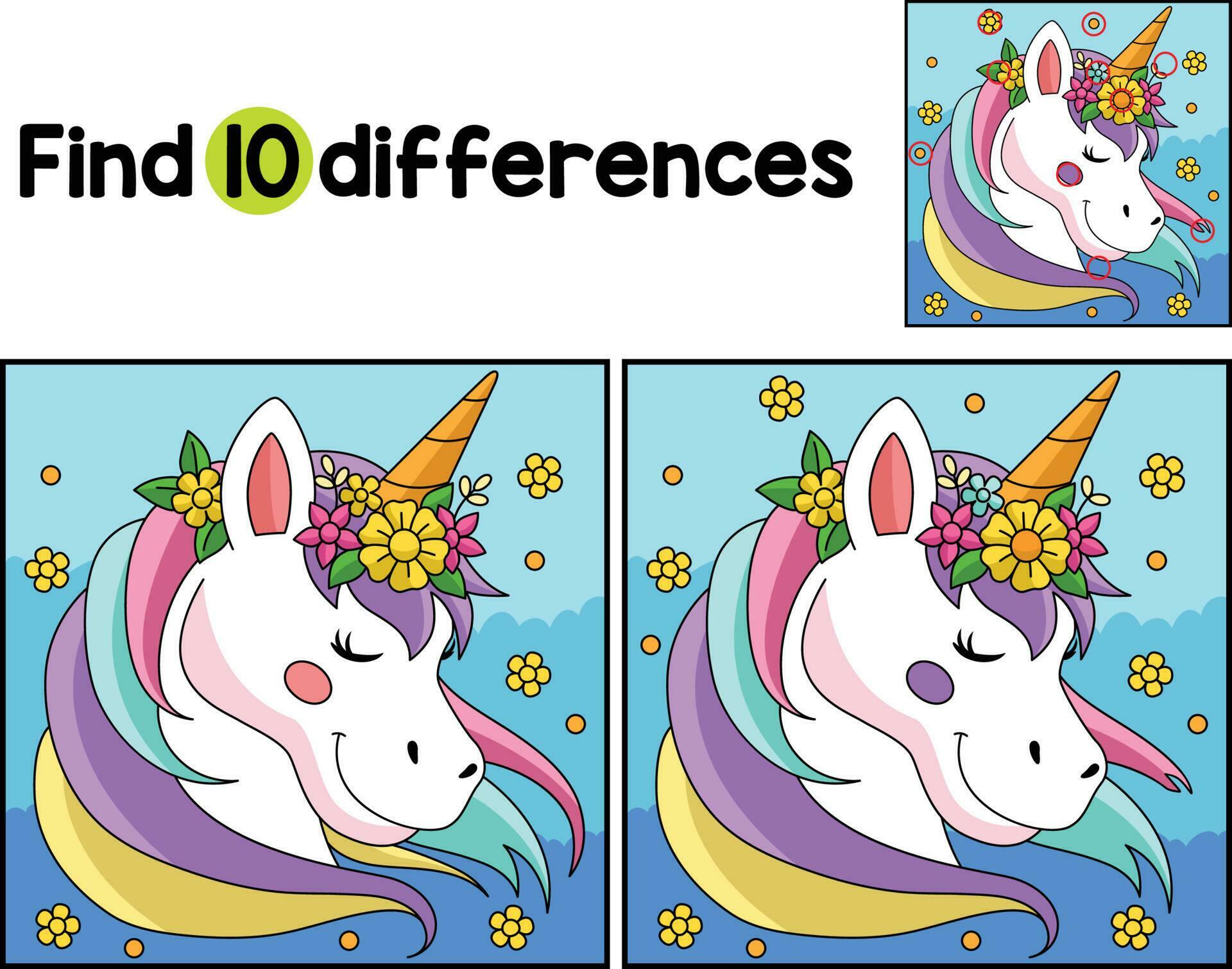 Unicorn with a Flower Wreath Find The Differences Stock Free