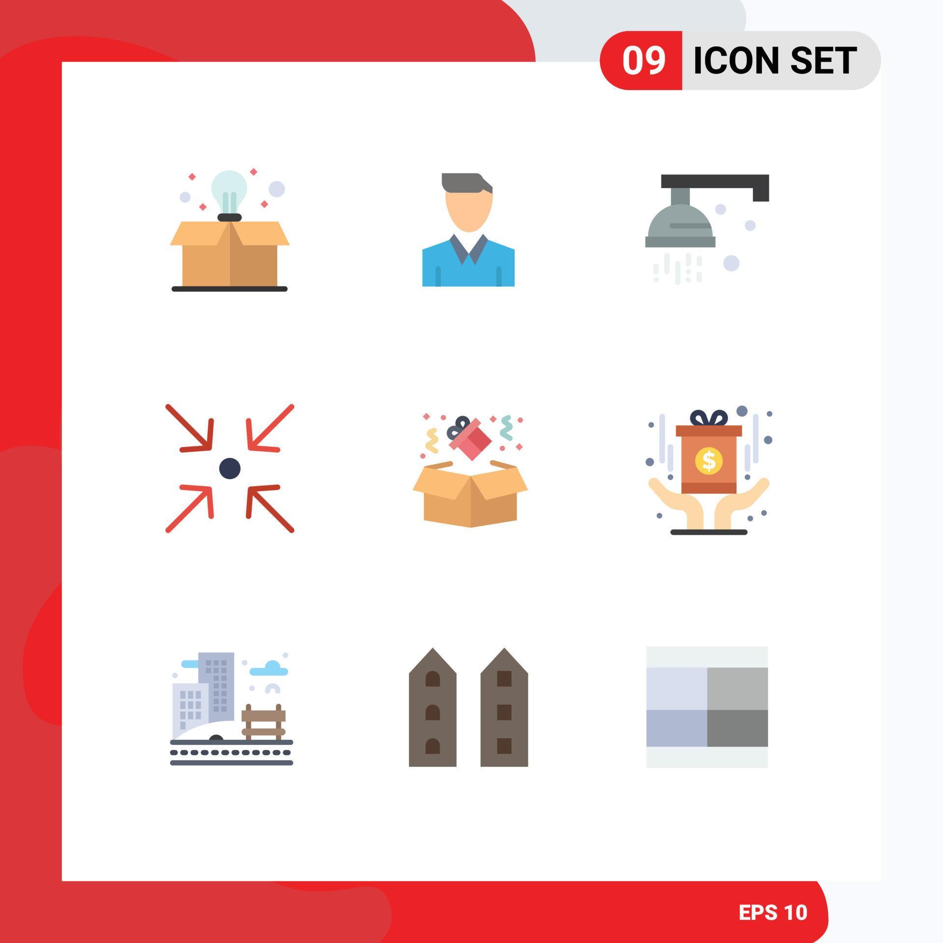 Set of 9 Modern UI Icons Symbols Signs for gift birthday bathroom expand arrow Editable Vector Design Elements Stock Free