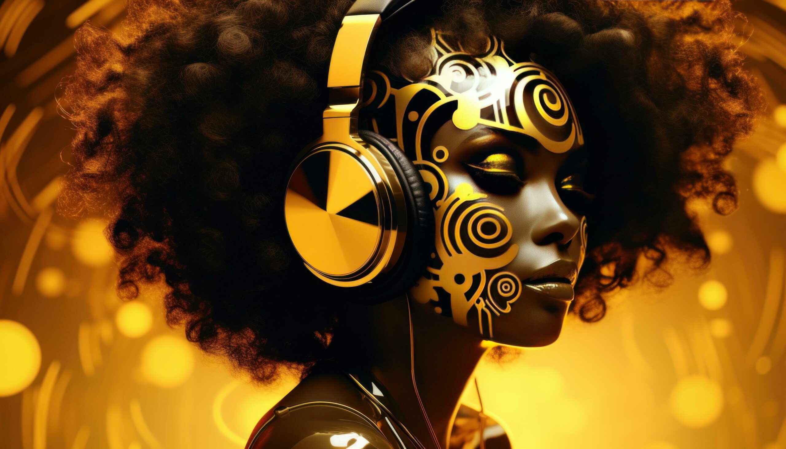 the afro girl in gold dress with headphones Free Photo