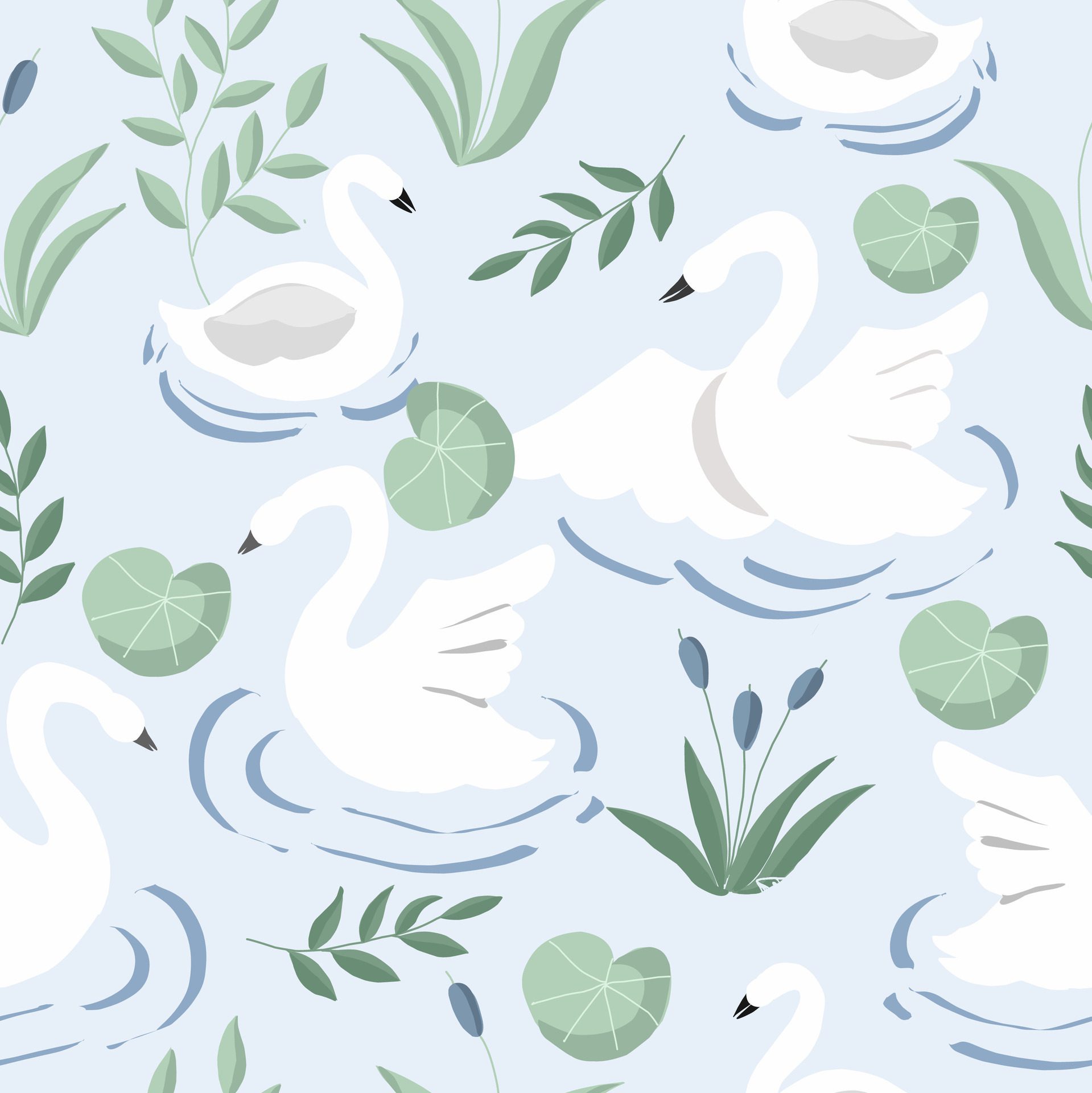 Hand Drawn Swan Seamless Pattern Free Vector