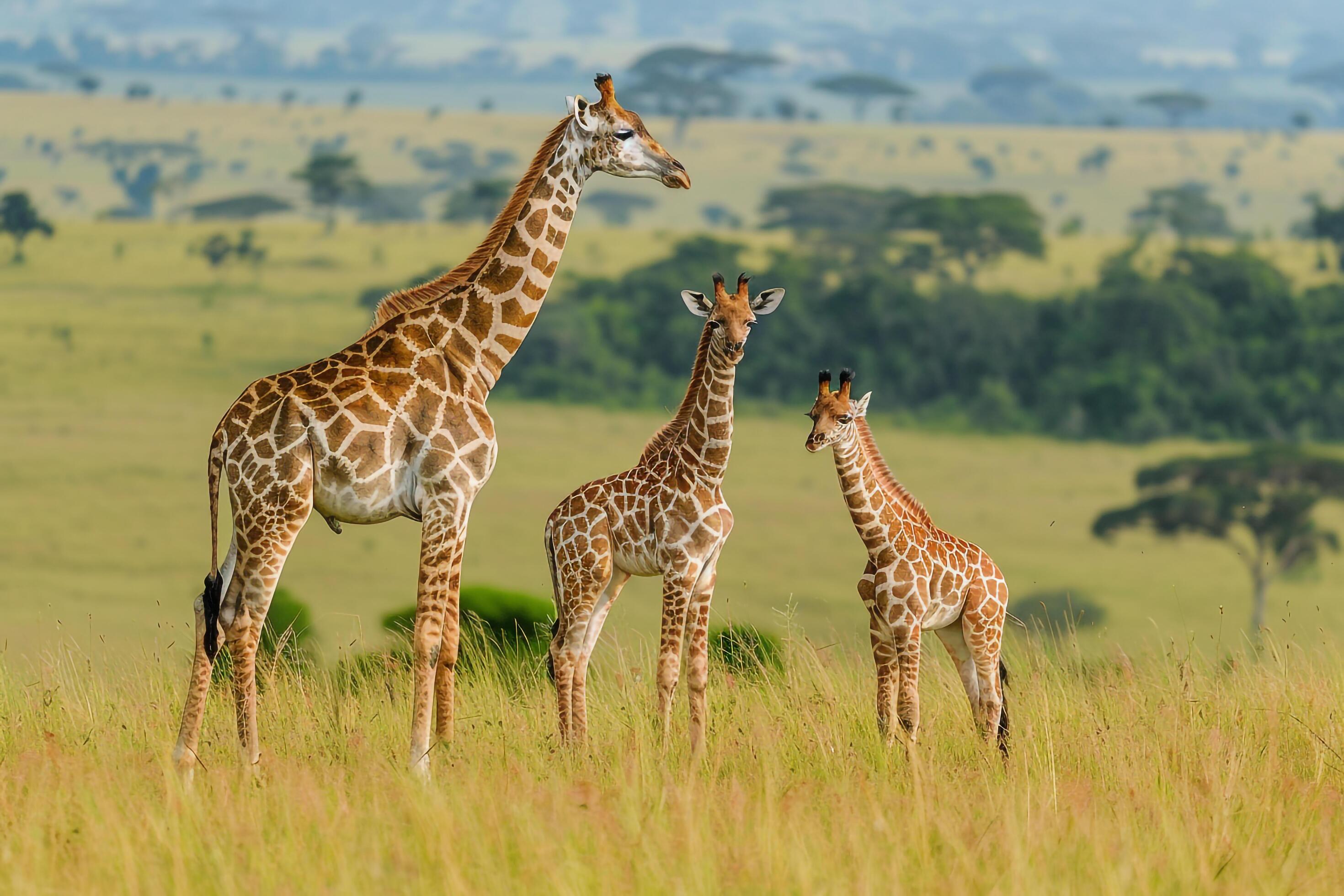 Giraffe Family Grazing on Savanna. Nature Background Stock Free