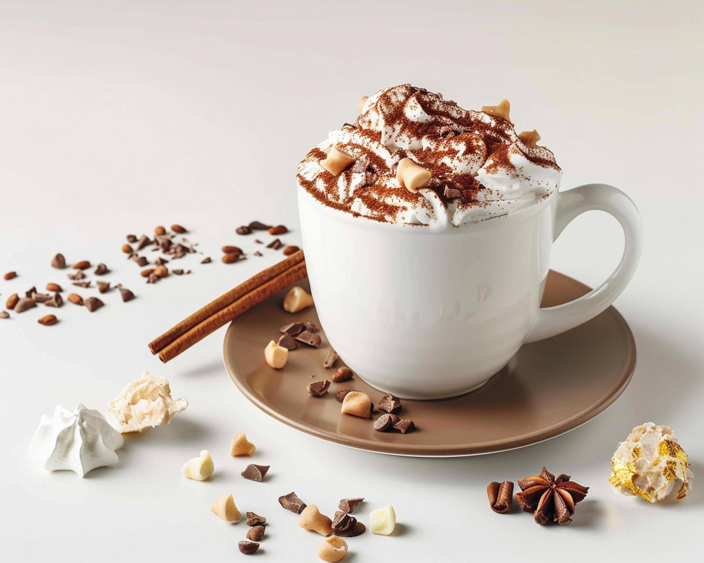 a cup of hot chocolate with whipped cream and nuts Stock Free