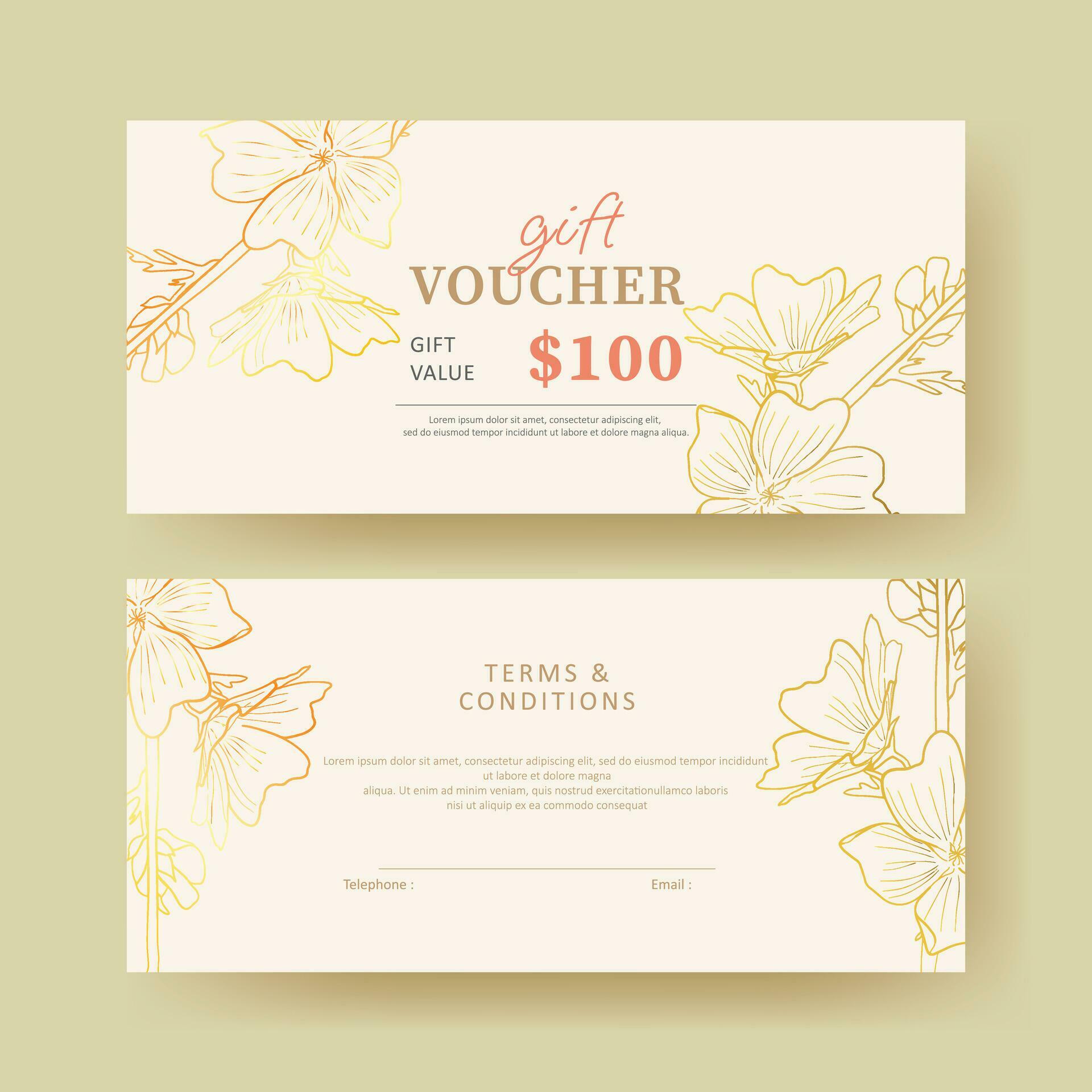 Gift voucher. Coupon template with golden flower line art decoration. elegant luxury design Stock Free