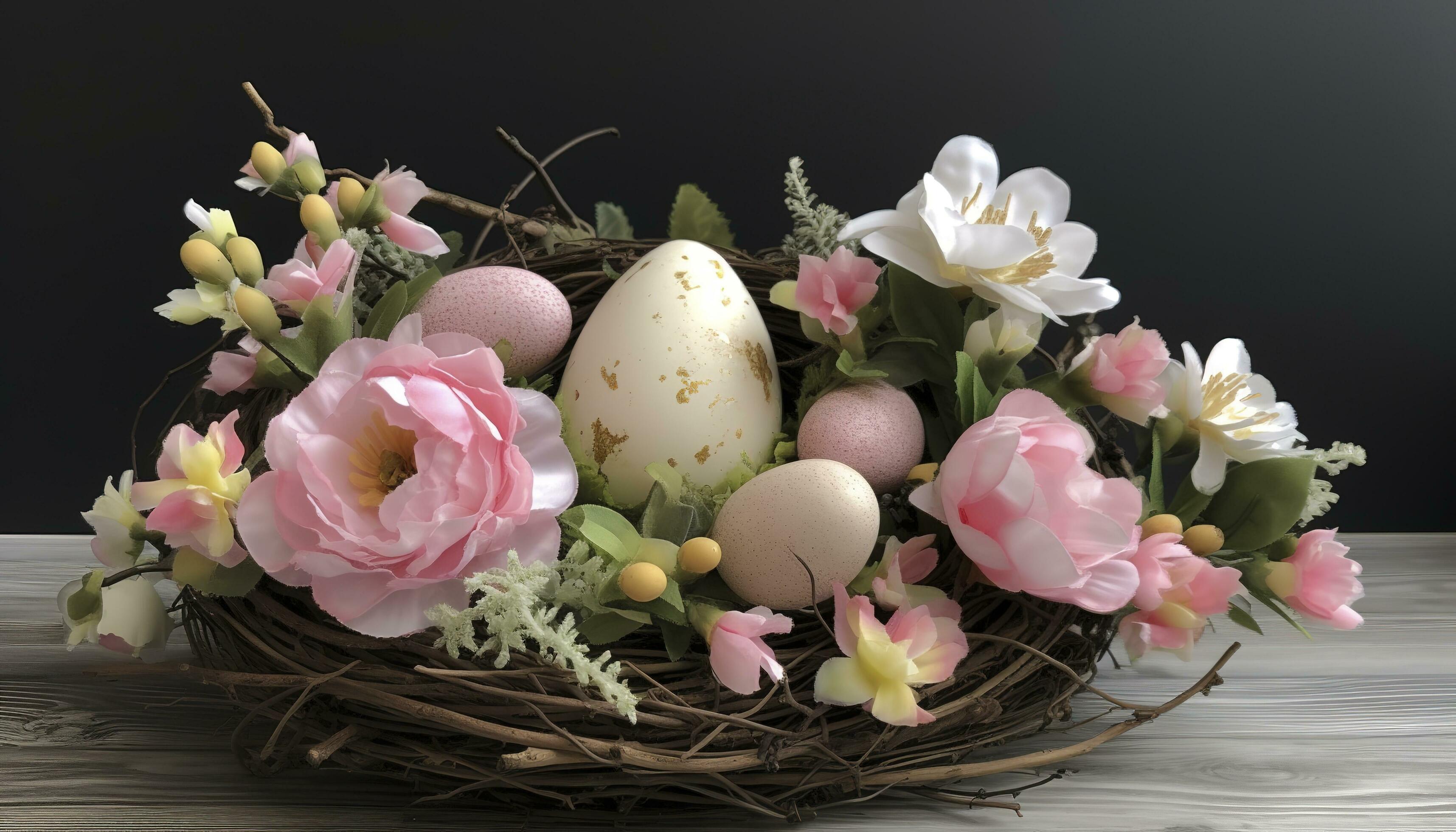 Pink Spring Flower Arrangement, Easter Decoration, generate ai Stock Free