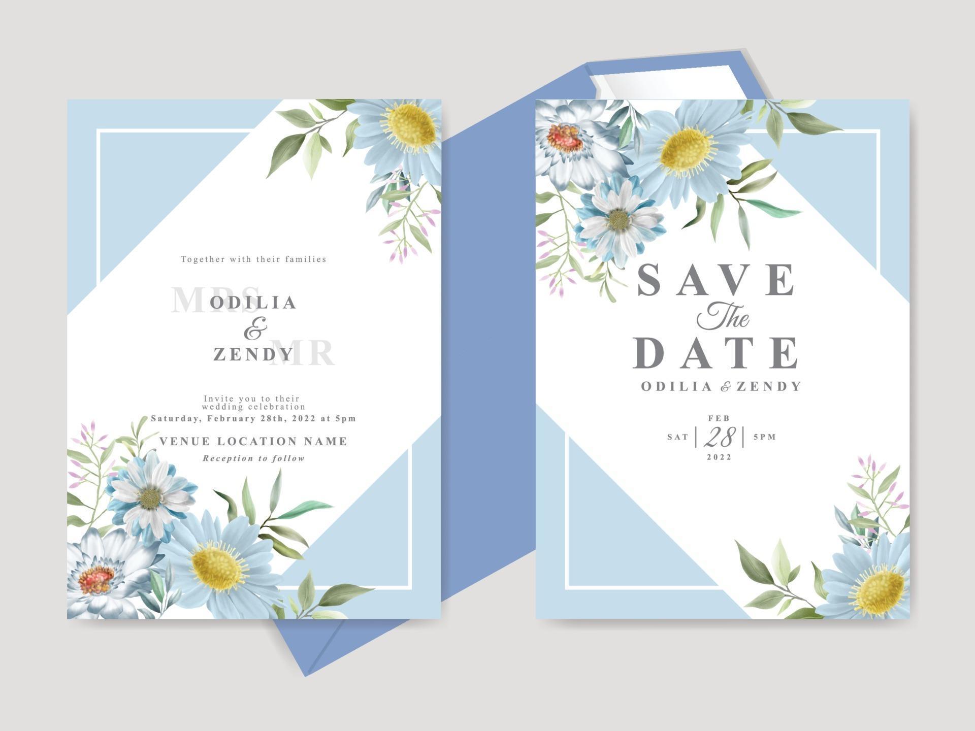 Beautiful wedding invitation card template with floral hand drawn Stock Free