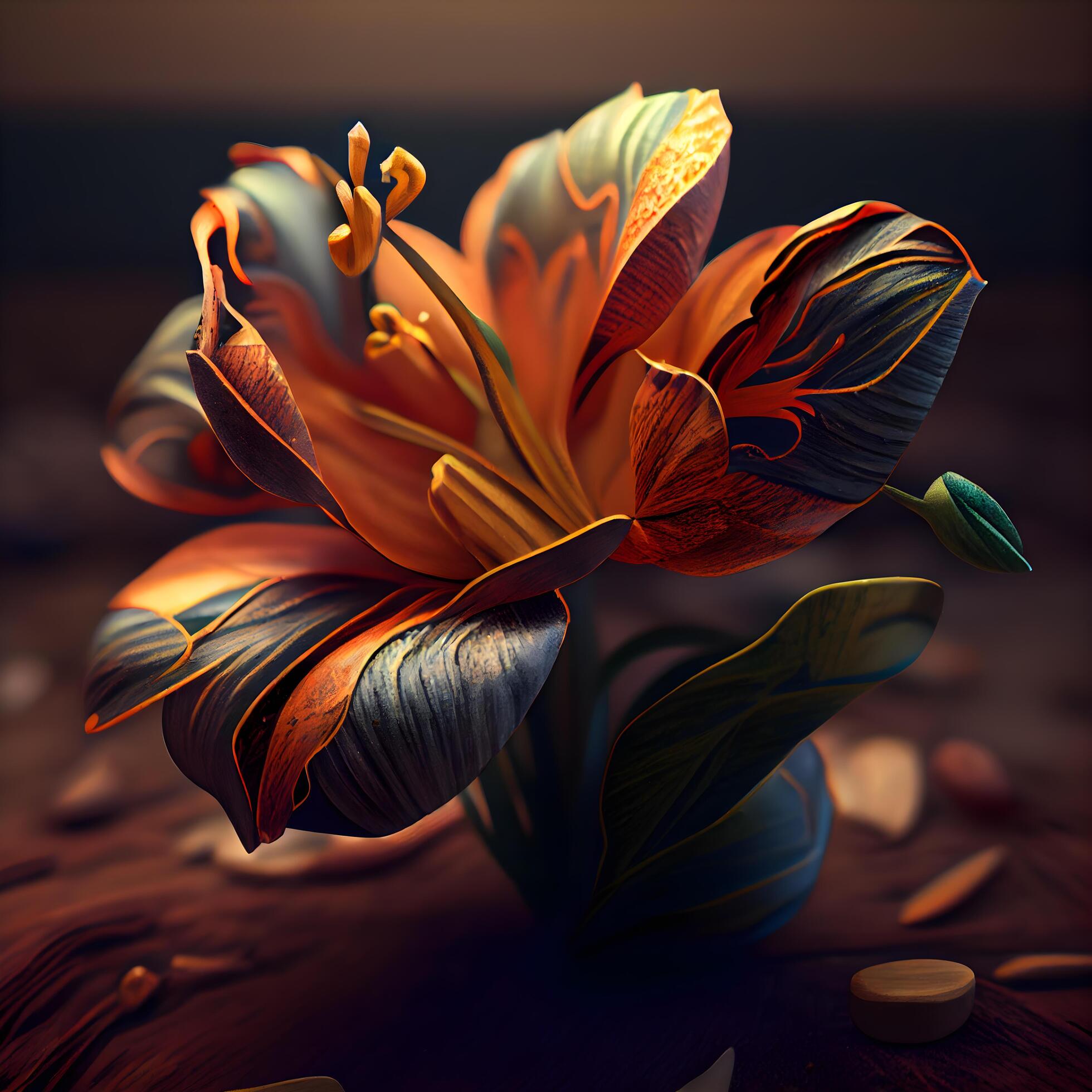 Beautiful orange lily flowers on a wooden background. 3d rendering, Image Stock Free