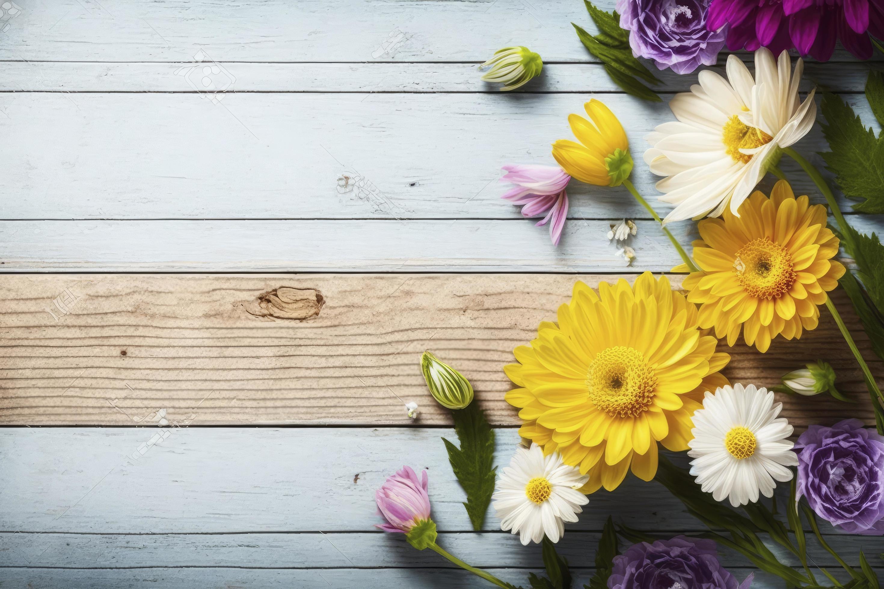 Garden flowers over wooden background stock photo Springtime, generate ai Stock Free