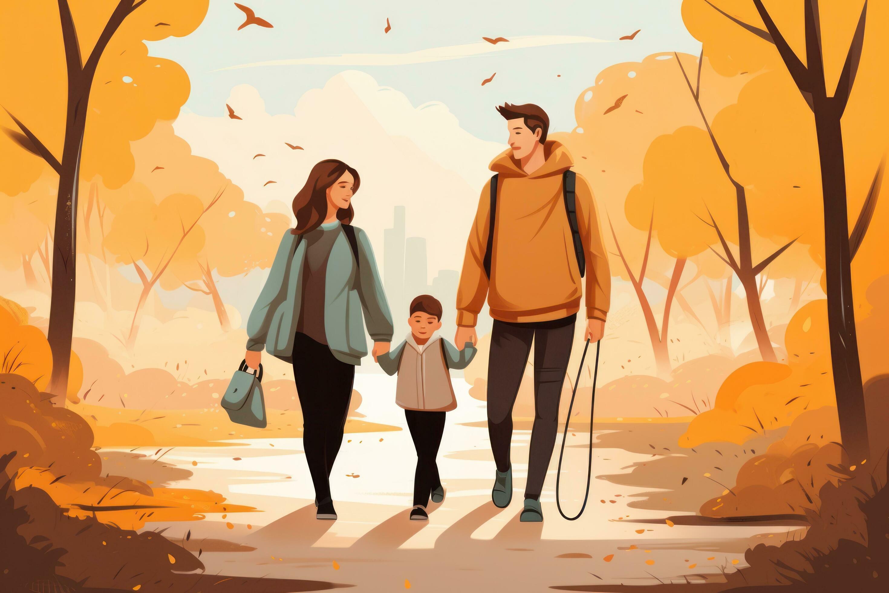 Illustration of happy family in park in Autumn Stock Free