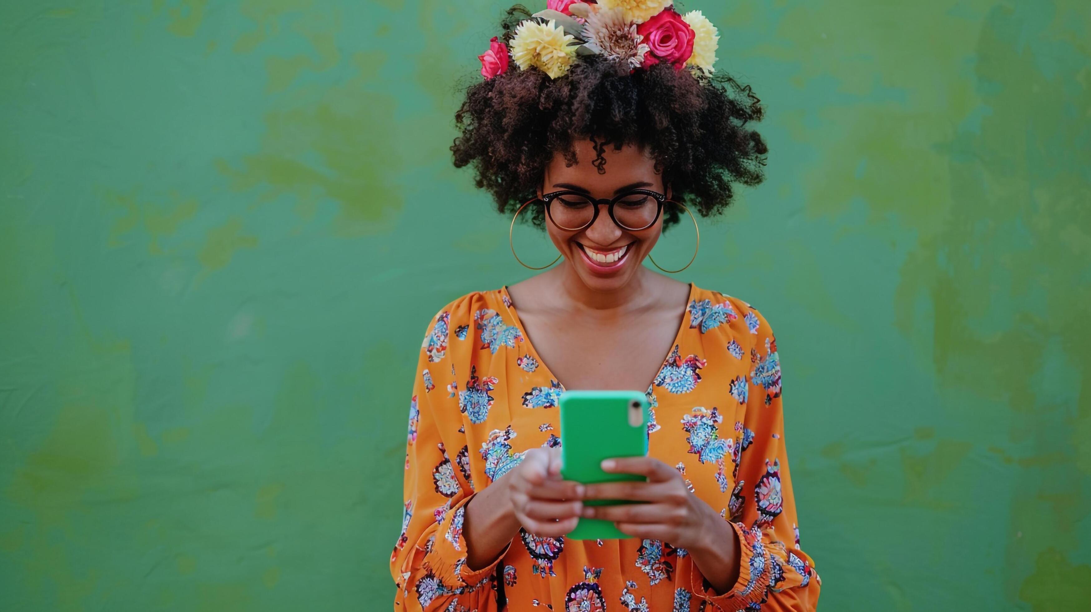 
									Female with floral hair on cellphone Stock Free