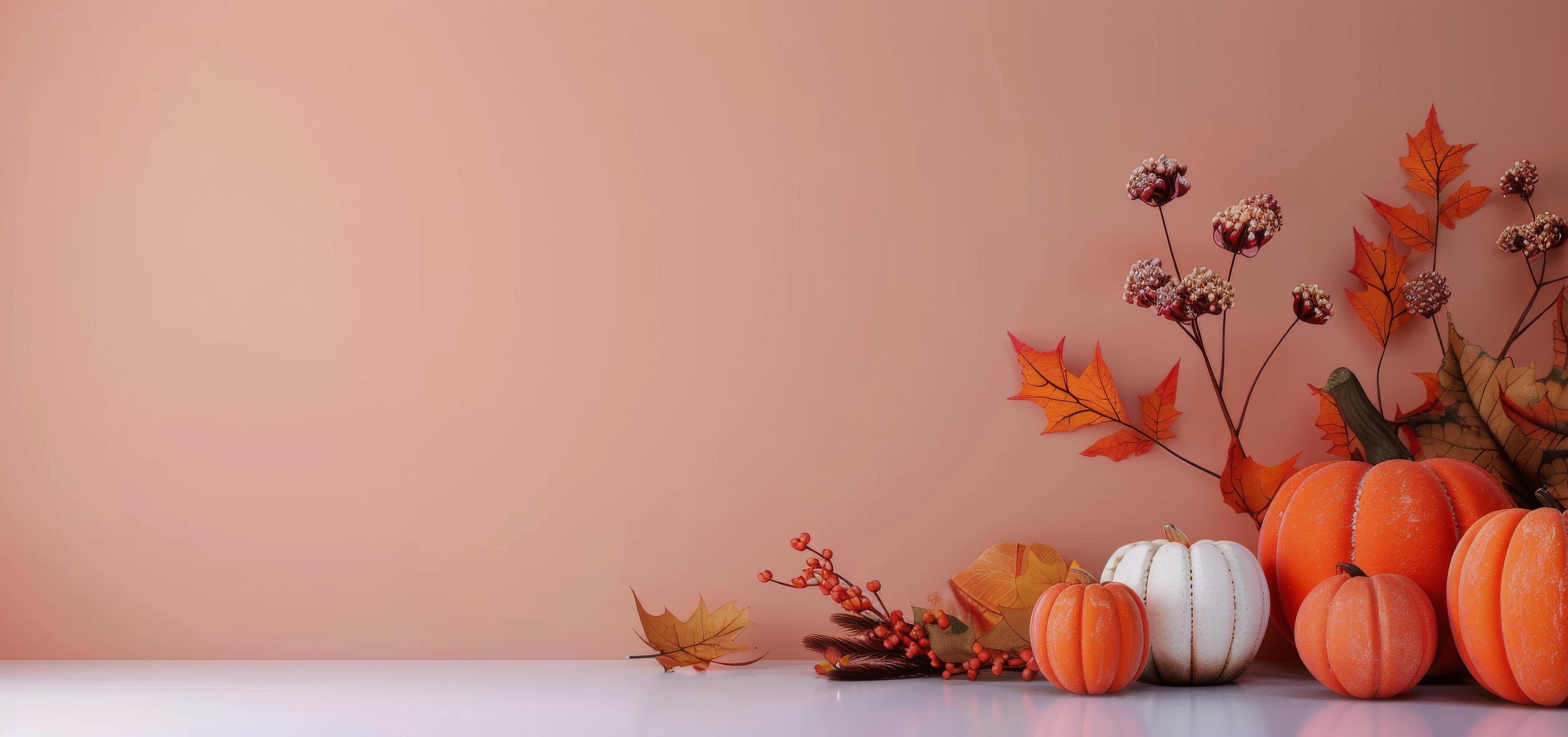 Autumn Harvest Arrangement With Pumpkins and Leaves on Neutral Background Stock Free