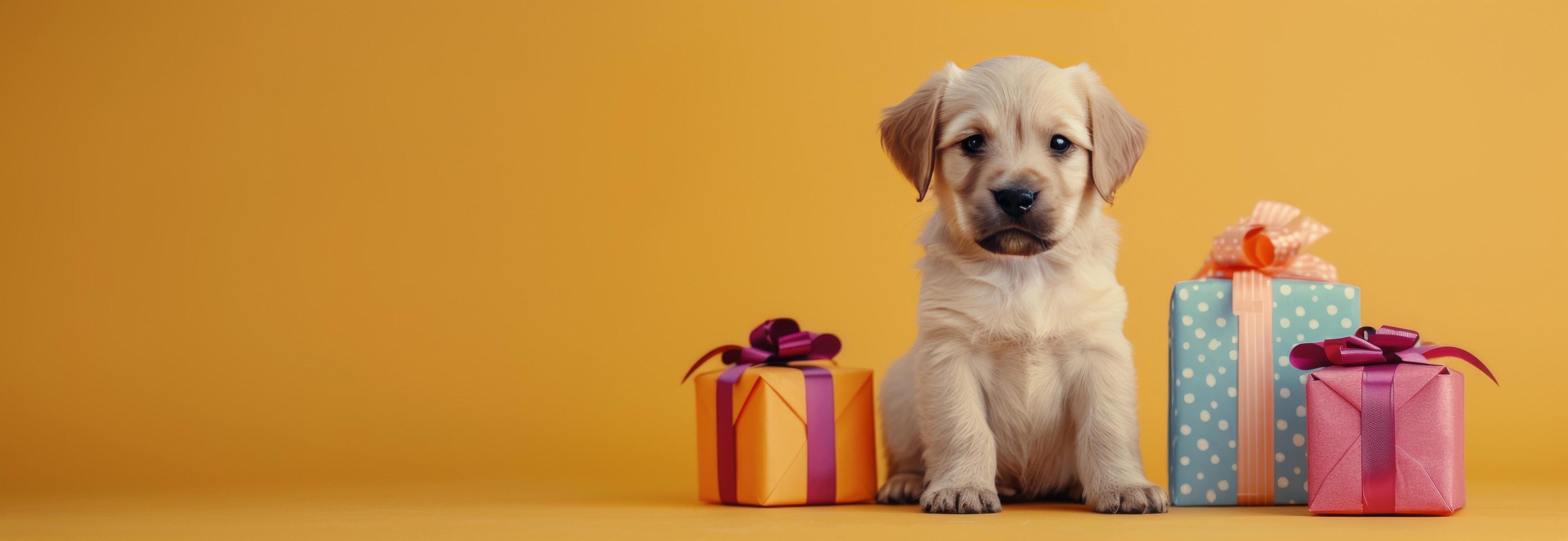 Adorable Puppy Surrounded by Colorful Gift Boxes on Bright Yellow Background Stock Free