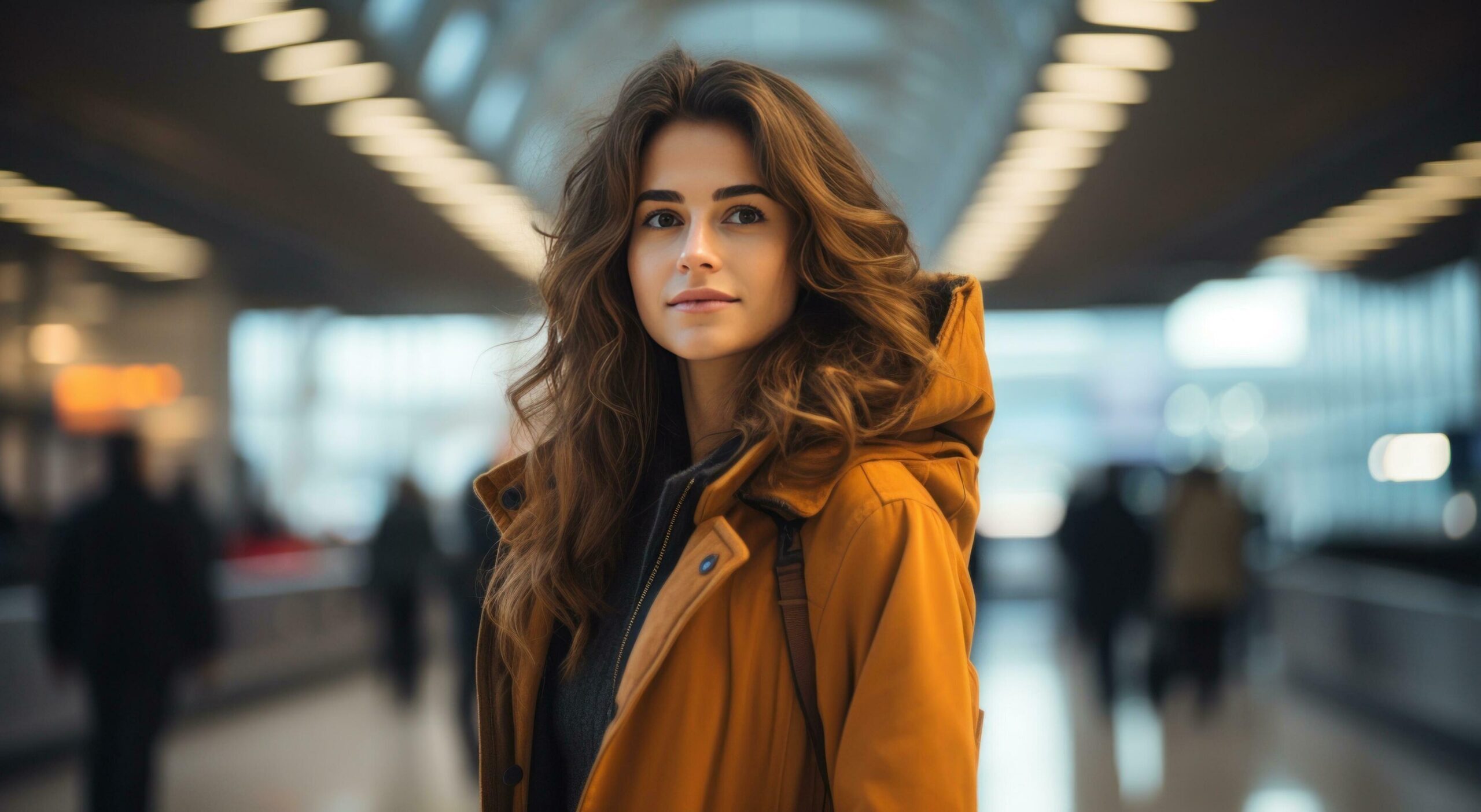 an attractive young woman in a brown coat. standing in an airport Free Photo