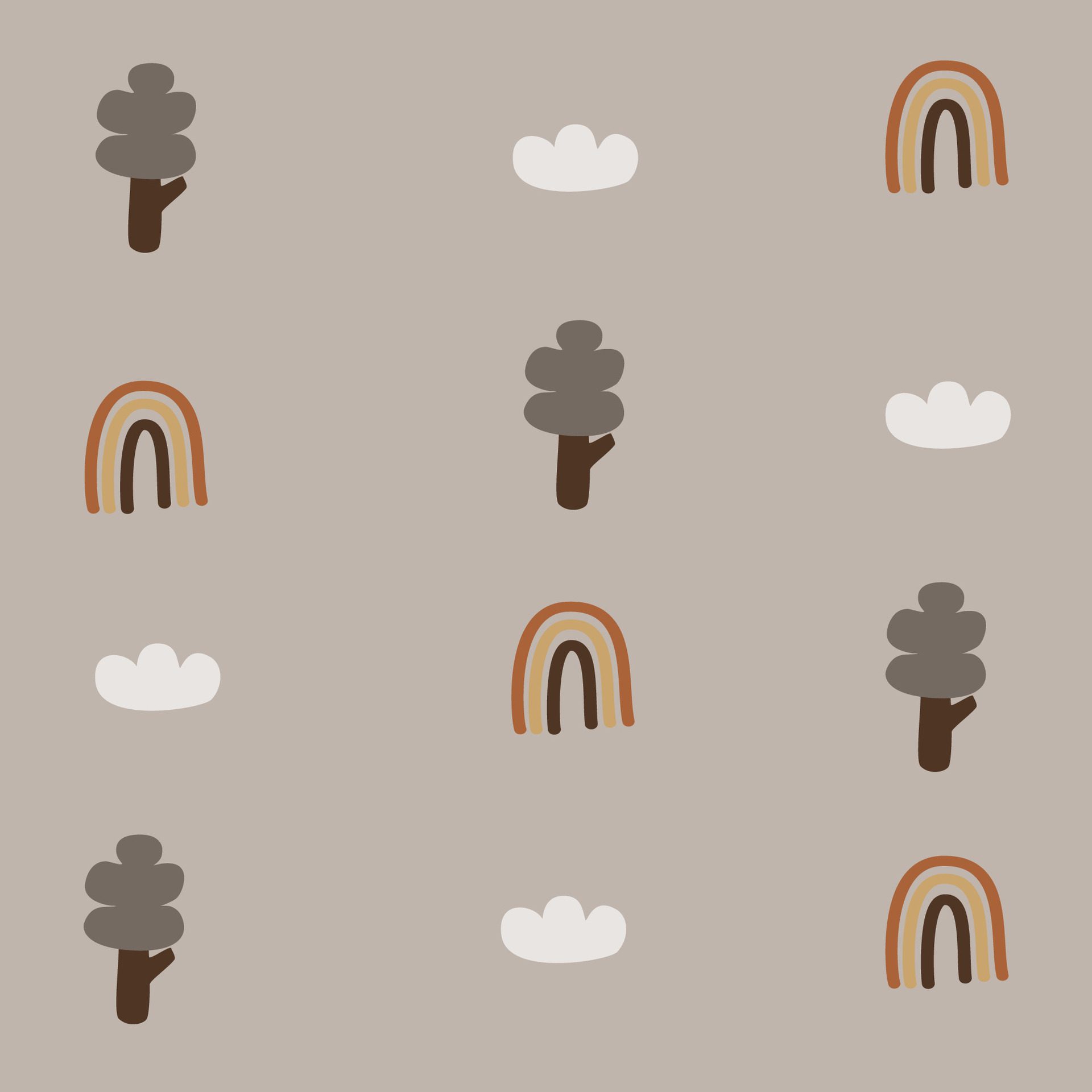 Boho pattern with neutral color. Nature motives, tree, rainbow and cloudnursery pattern suitable for kids fabric pattern Free Vector