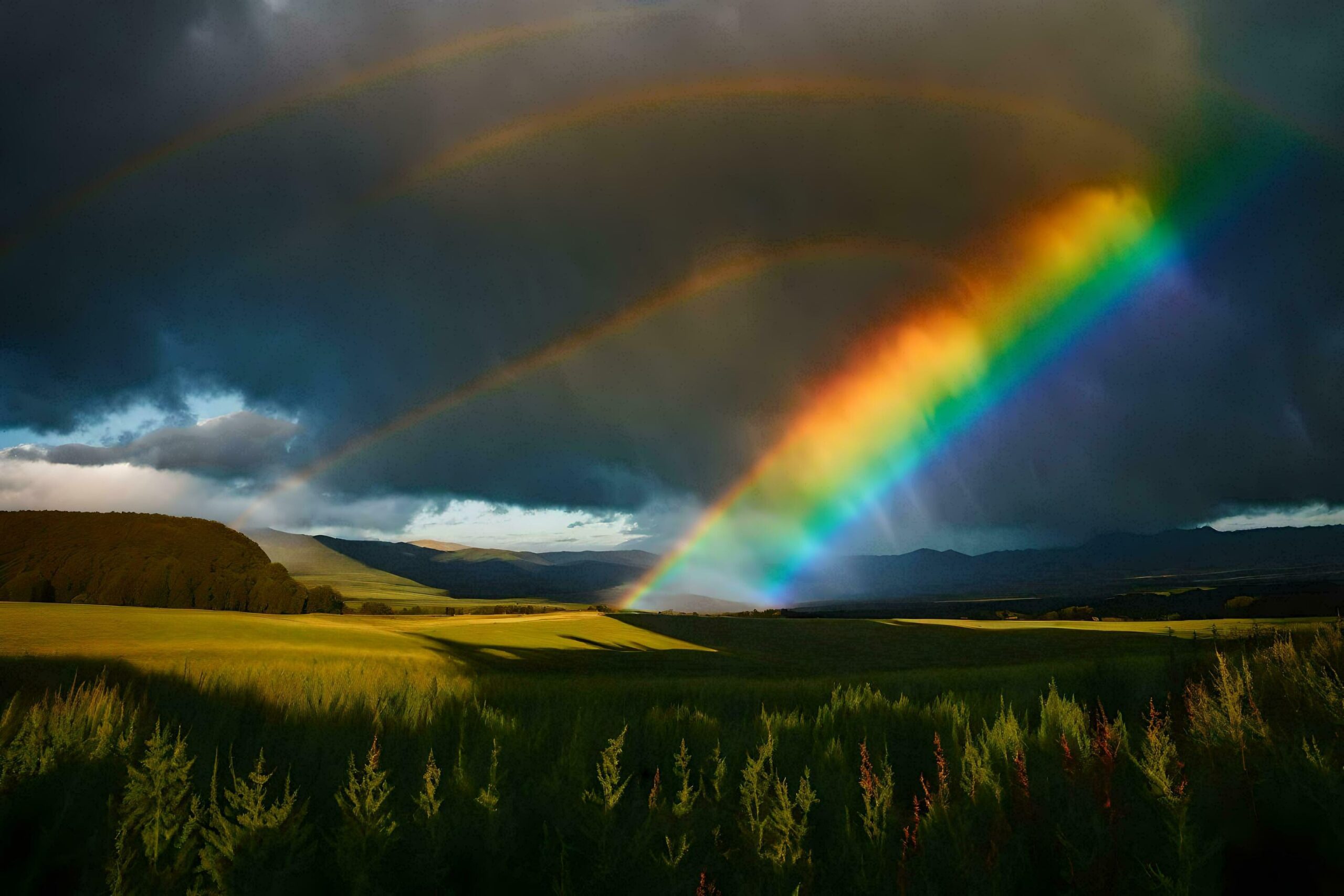 a rainbow appears over a field with mountains in the background Free Photo