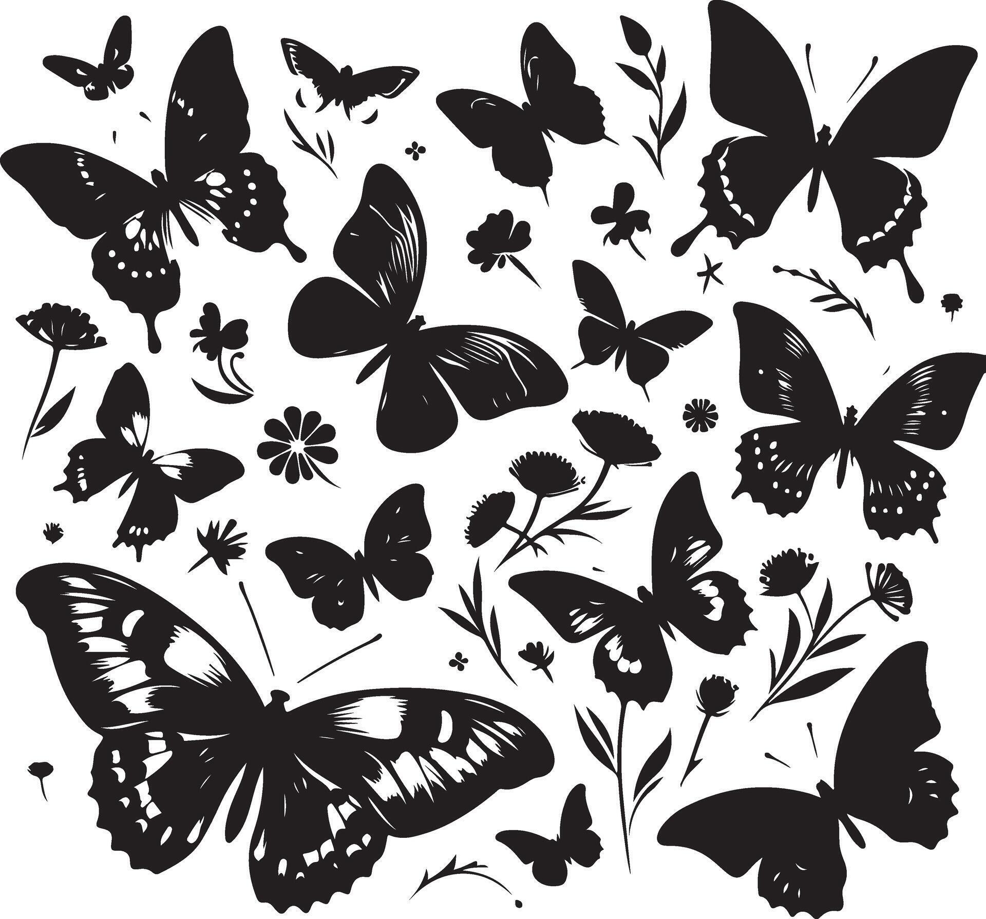 Butterflies and flowers, pattern with butterflies, set of butterflies, Flying butterflies silhouette black set isolated on white background Stock Free