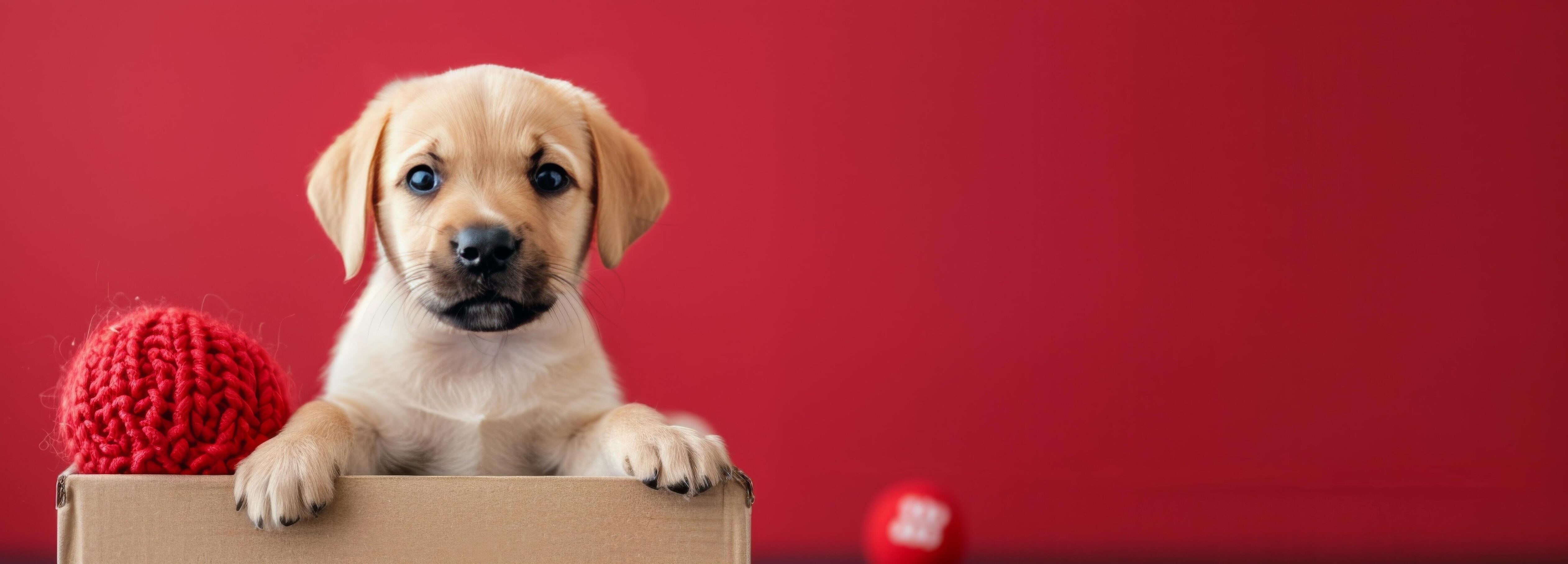 Adorable Puppy Peeking From Cardboard Box Against Bright Red Background Stock Free