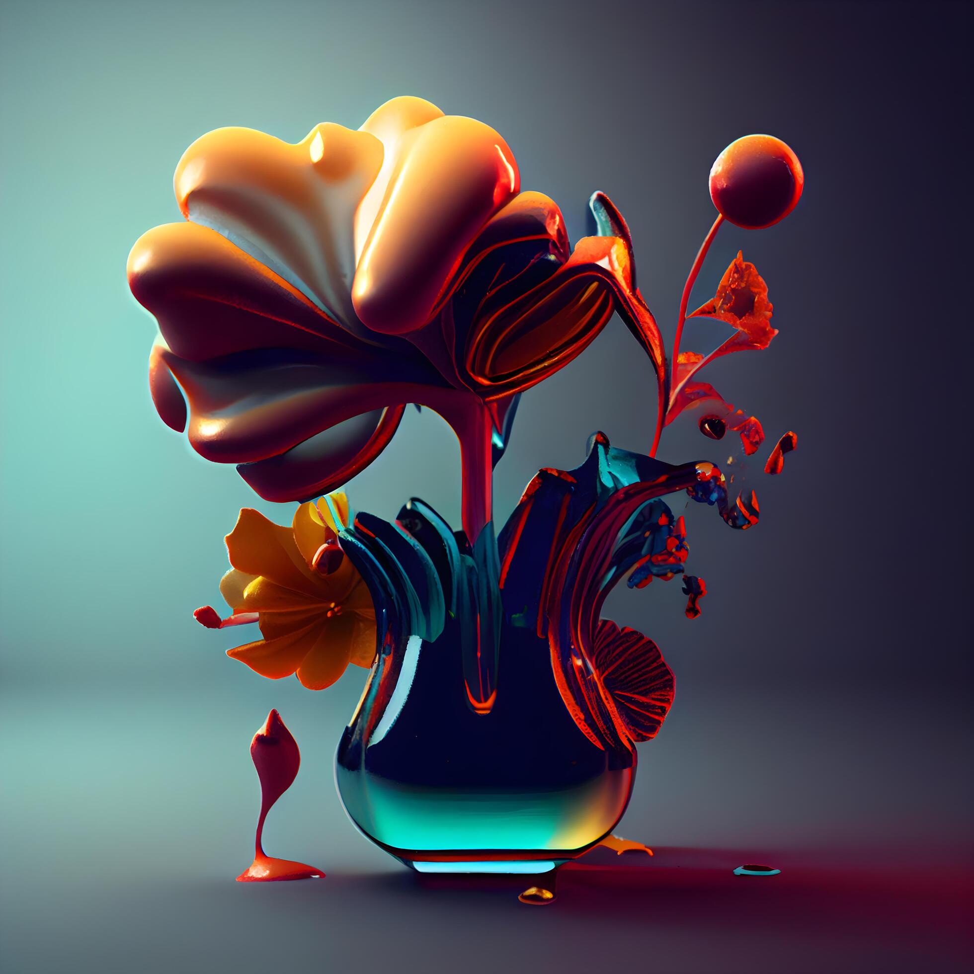 3d illustration of abstract flowers in vase on dark background., Image Stock Free