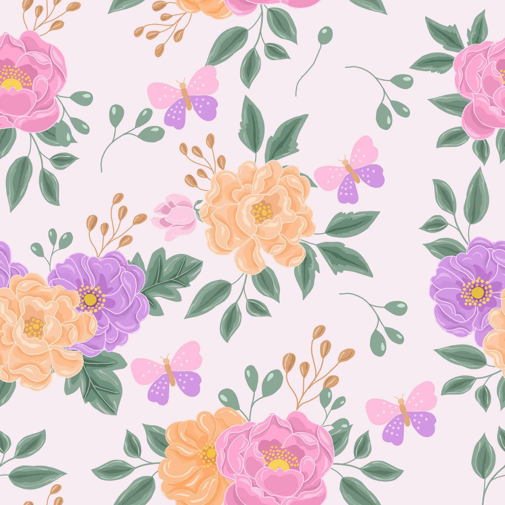 Hand Drawn Pastel Rose and Anemone Flower Seamless Pattern Stock Free