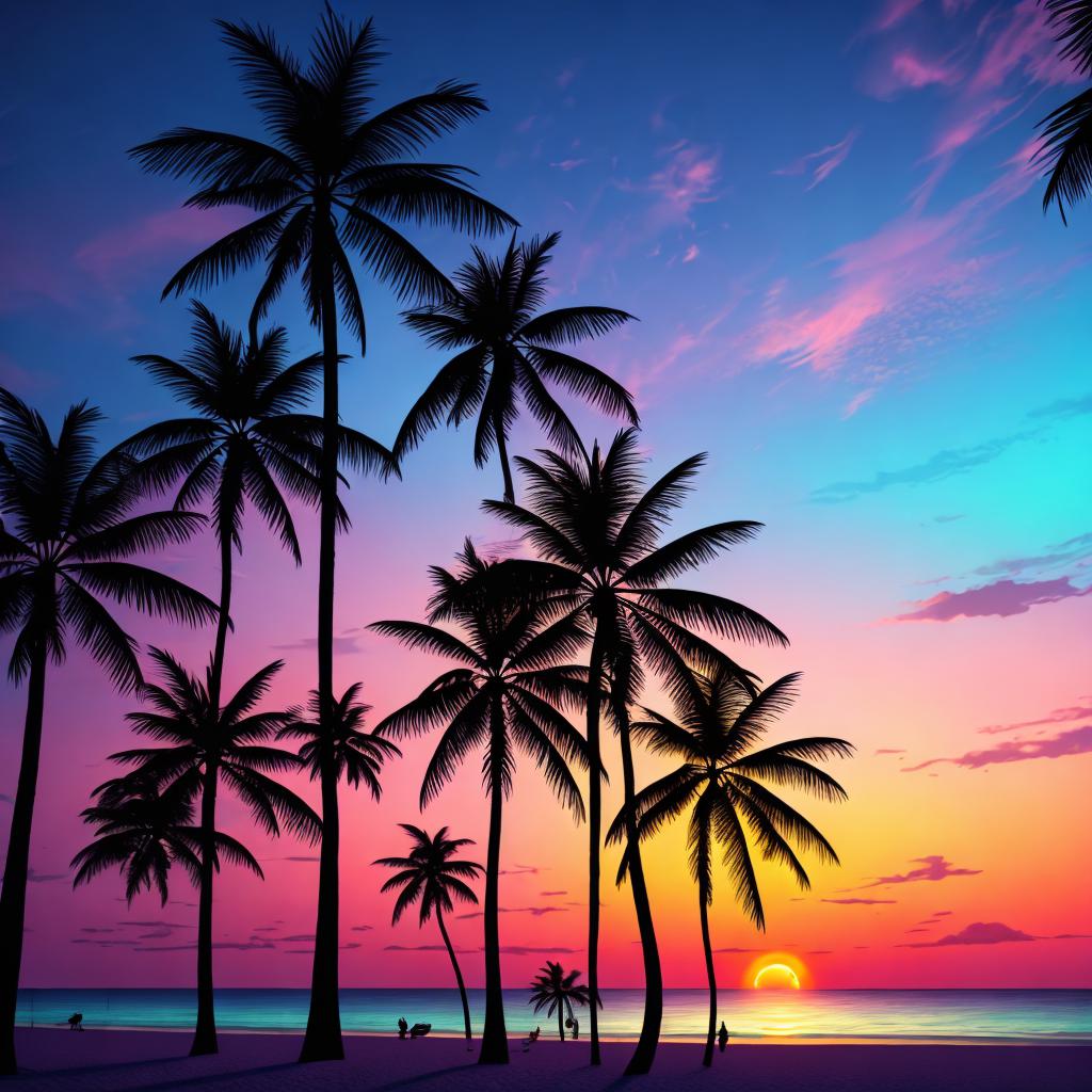 Palm trees with sunset, by @ai_generated