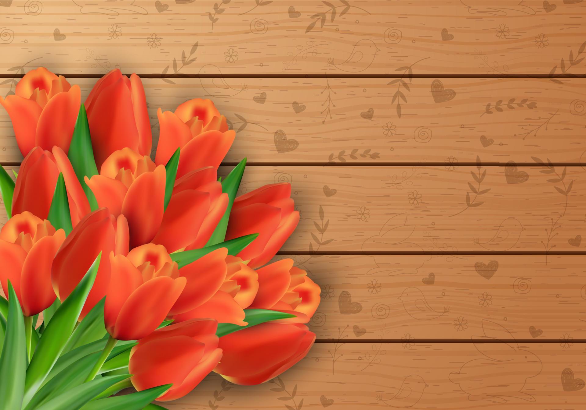 Vector illustration of Tulips flowers on a wooden background Stock Free