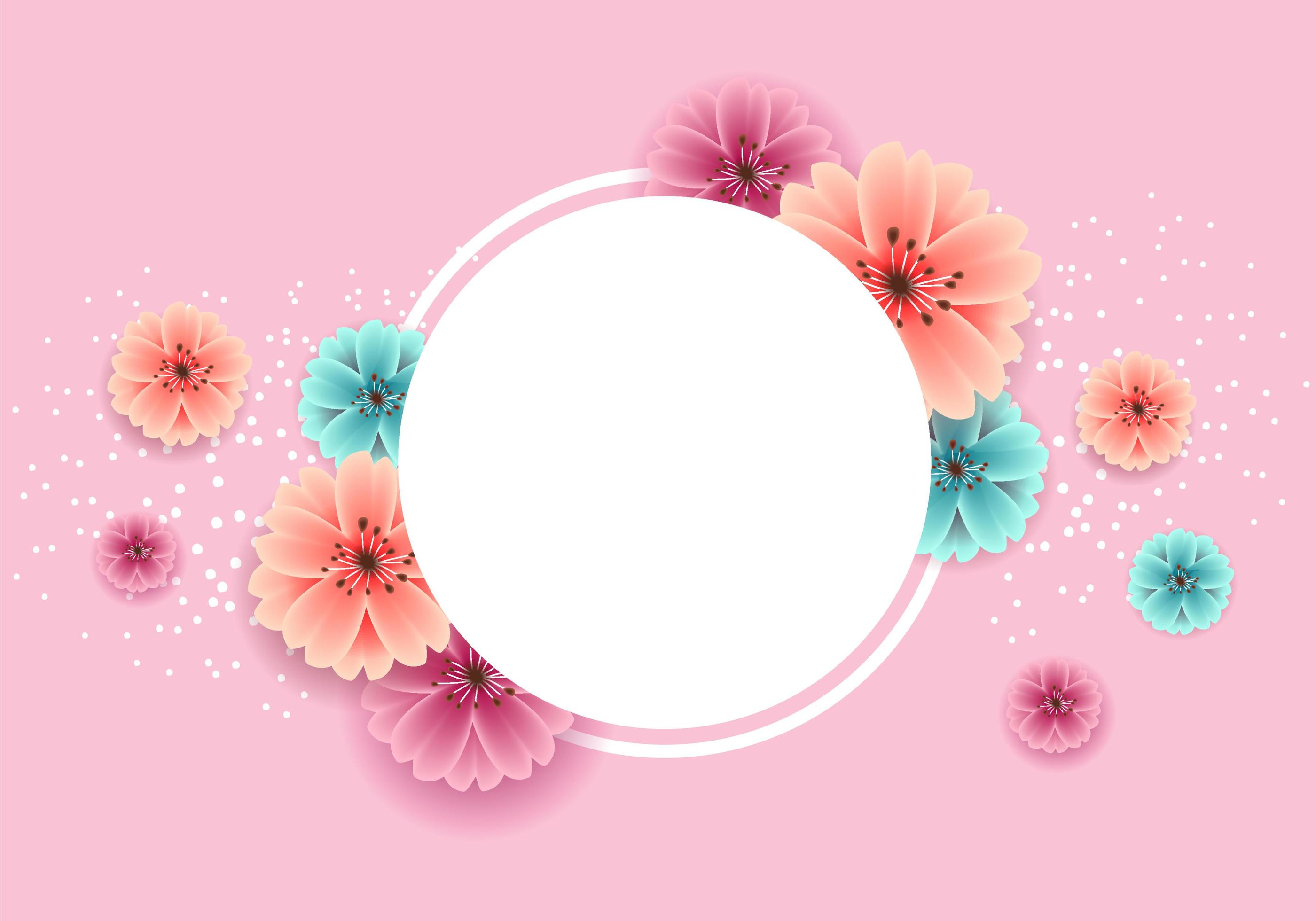 Spring banner with beautiful flowers and circle frame Stock Free