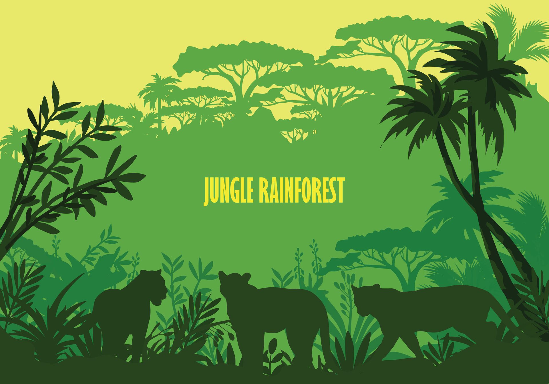 Jungle rain forest background. Exotic flora with copy space for background design, banner with silhouette of tropical plant and animals. Free Vector