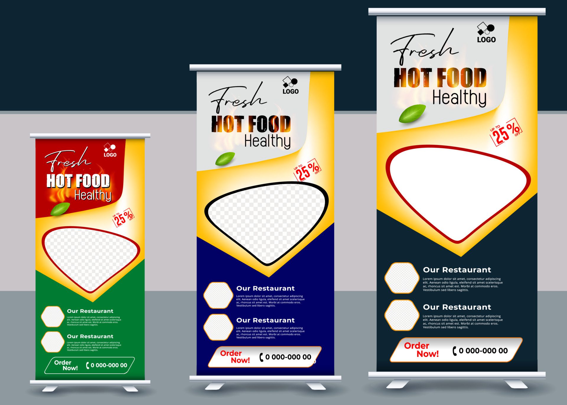 Food and Restaurant roll up banner design template, Standee Design Banner, Modern Business Food digital Roll Up Banner Free Vector