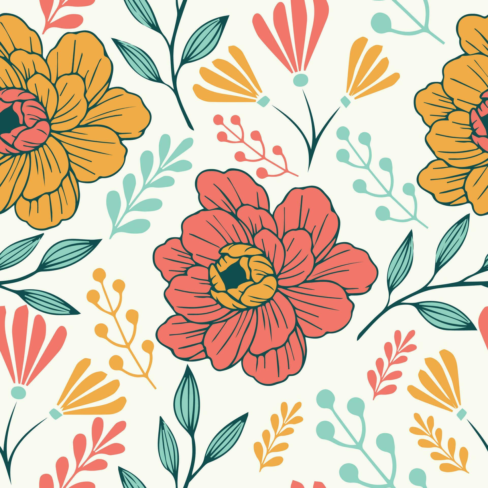 Seamless floral pattern with pink and yellow flowers and green leaves Stock Free