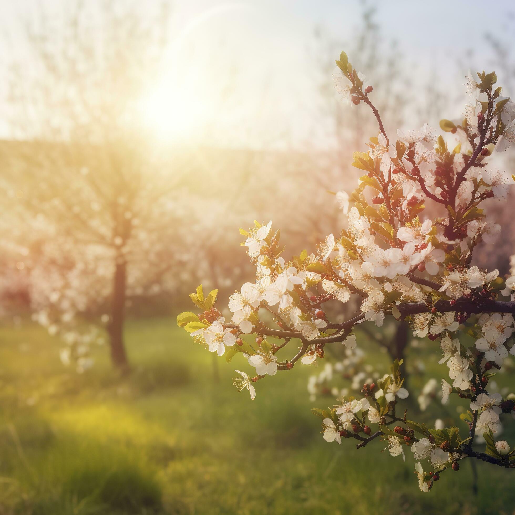 Spring blossom background. Beautiful nature scene with blooming tree and sun flare , generat ai Stock Free