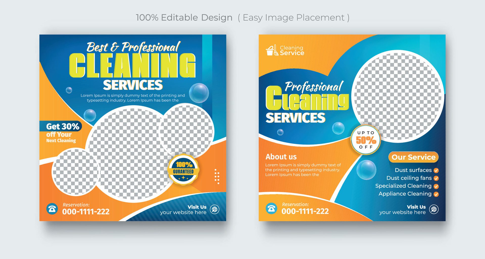 Cleaning service social media posts set or clean agency marketing square banner template Free Vector