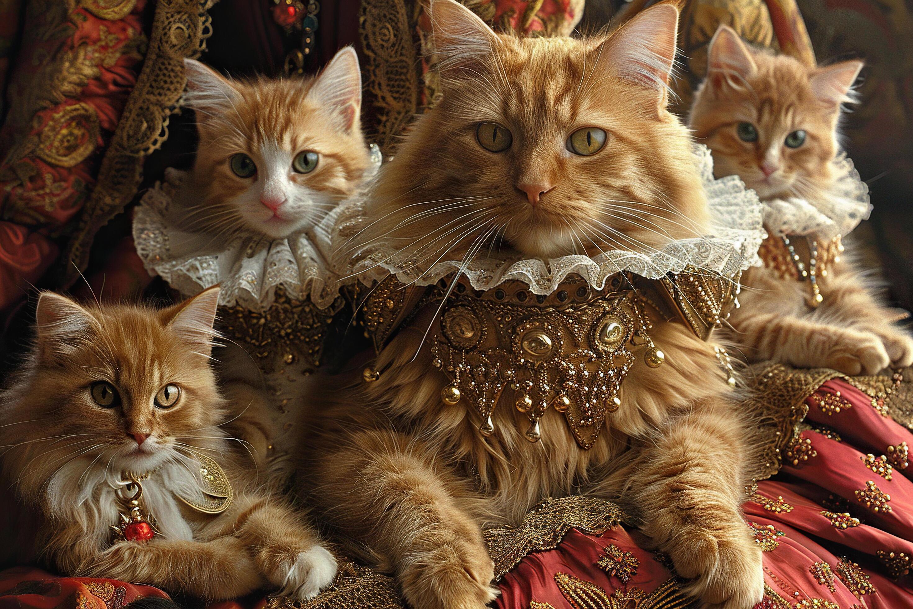 Family photo of ginger cats in royal outfits. The concept of luxury and prosperity. Generated by artificial intelligence Stock Free