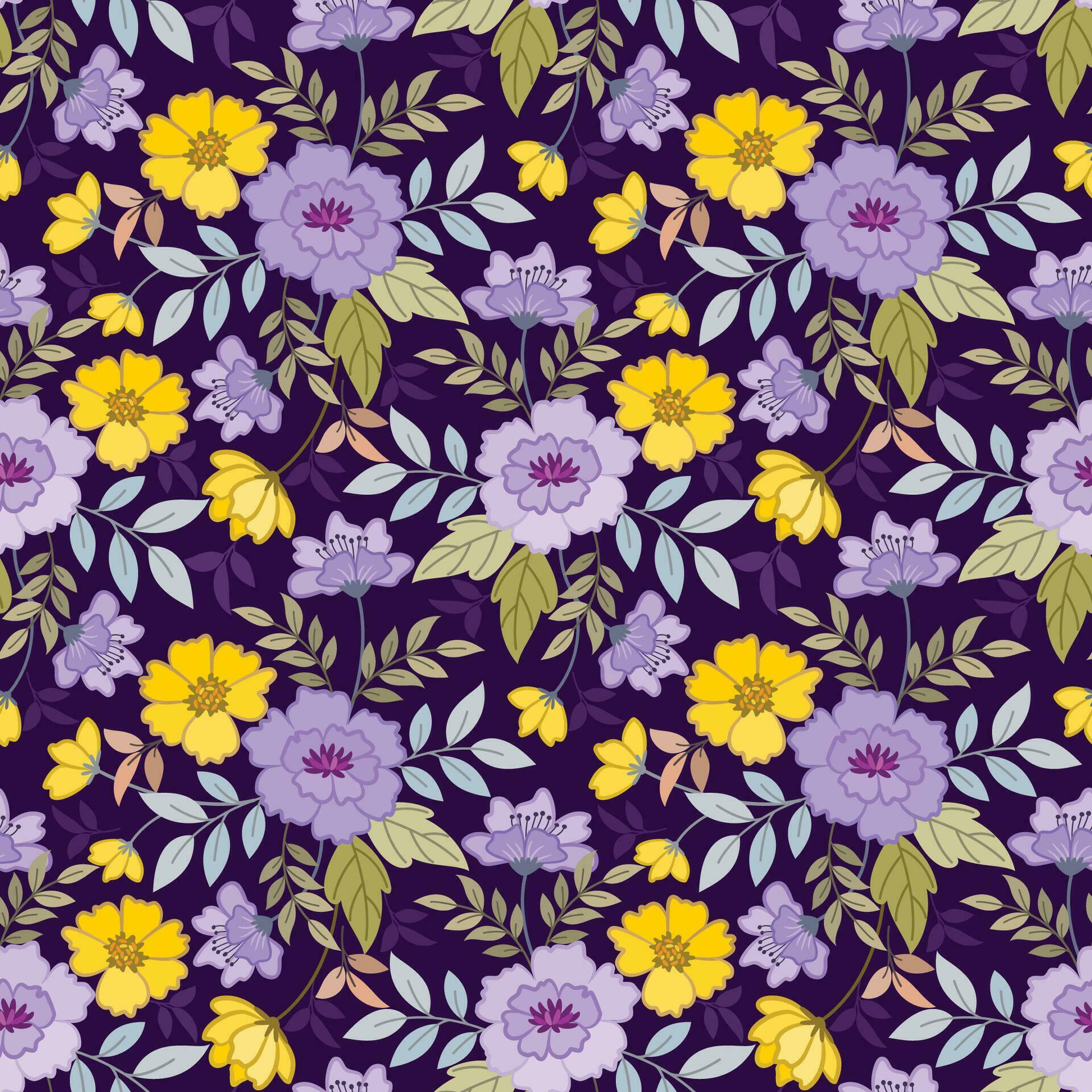 Yellow and purple flowers with green leaf. Stock Free