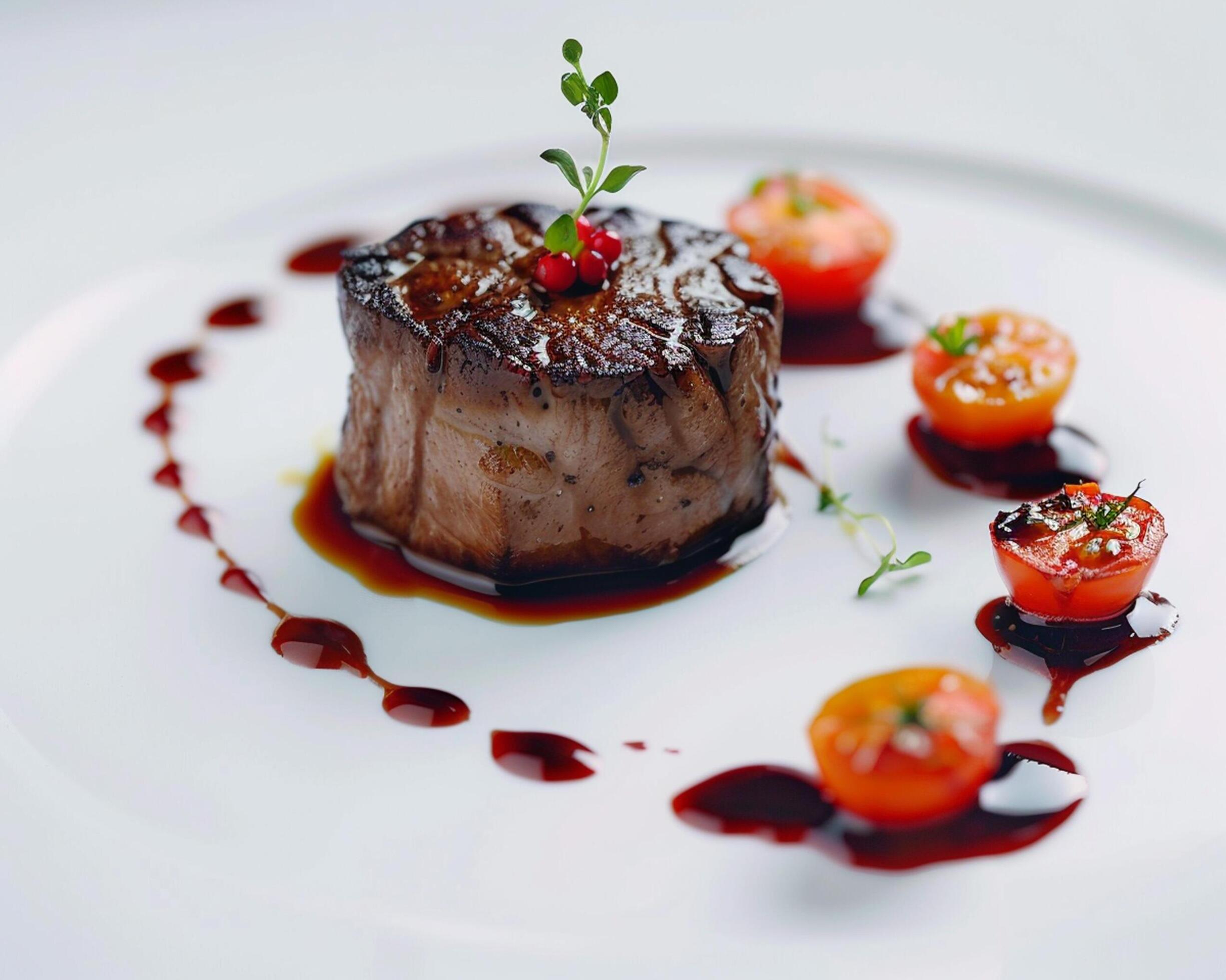 a steak is served on a white plate with sauce Stock Free