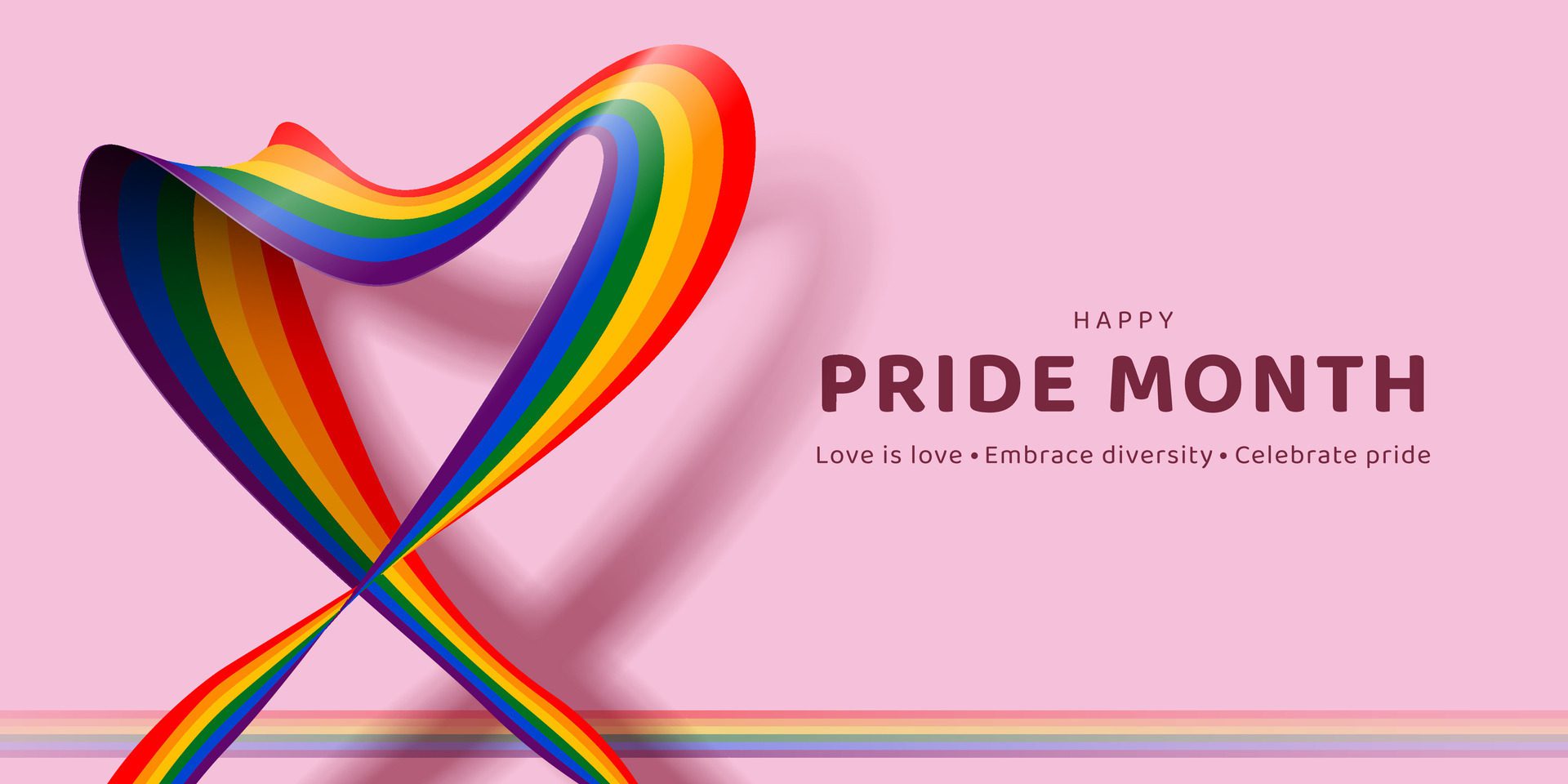 pride month banner, poster, greeting card design with rainbow ribbon heart concept.Love is love. Embrace diversity. Celebrate pride. Free Vector