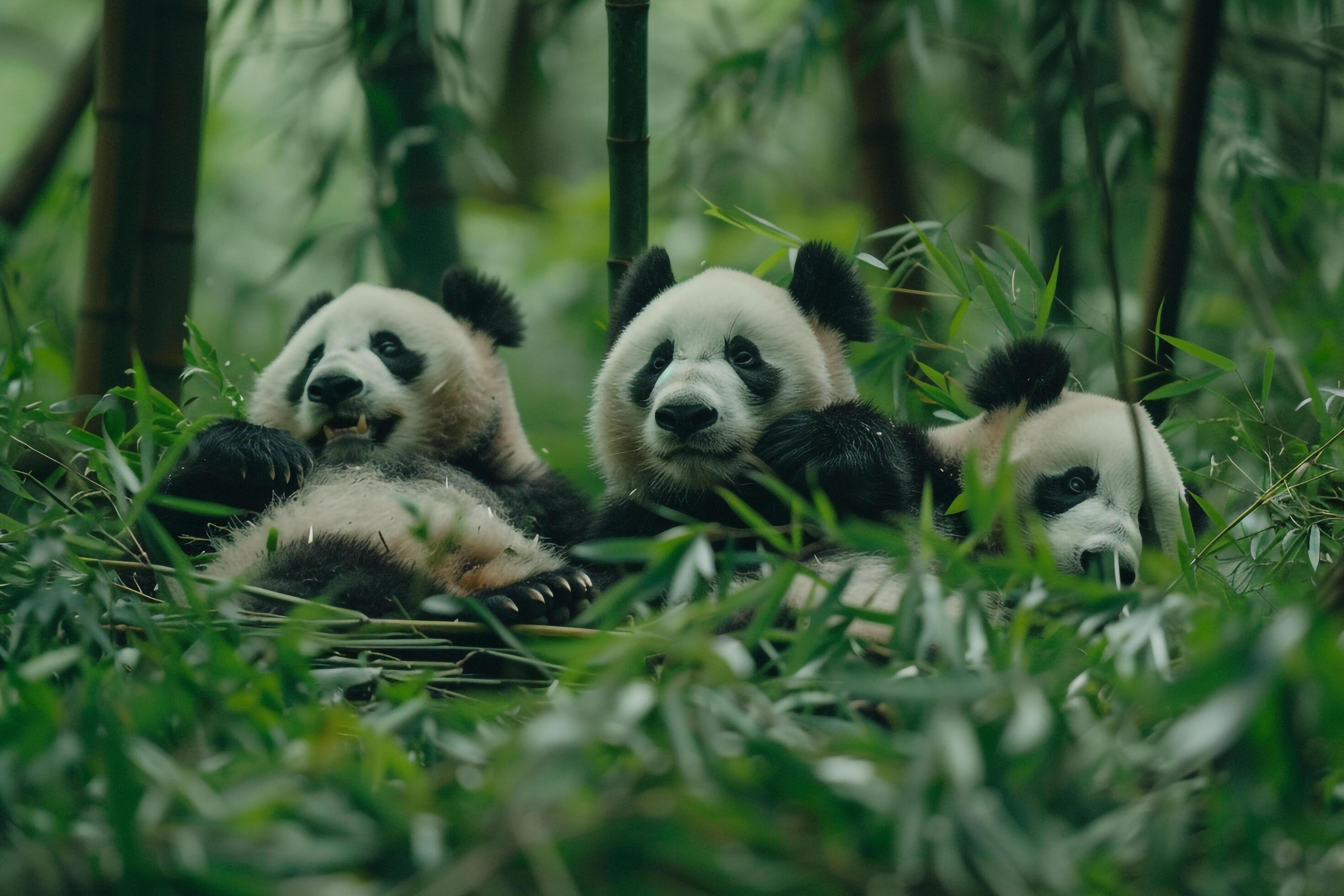 A Family of Pandas Frolicking in a Bamboo Forest. Background. Nature Stock Free