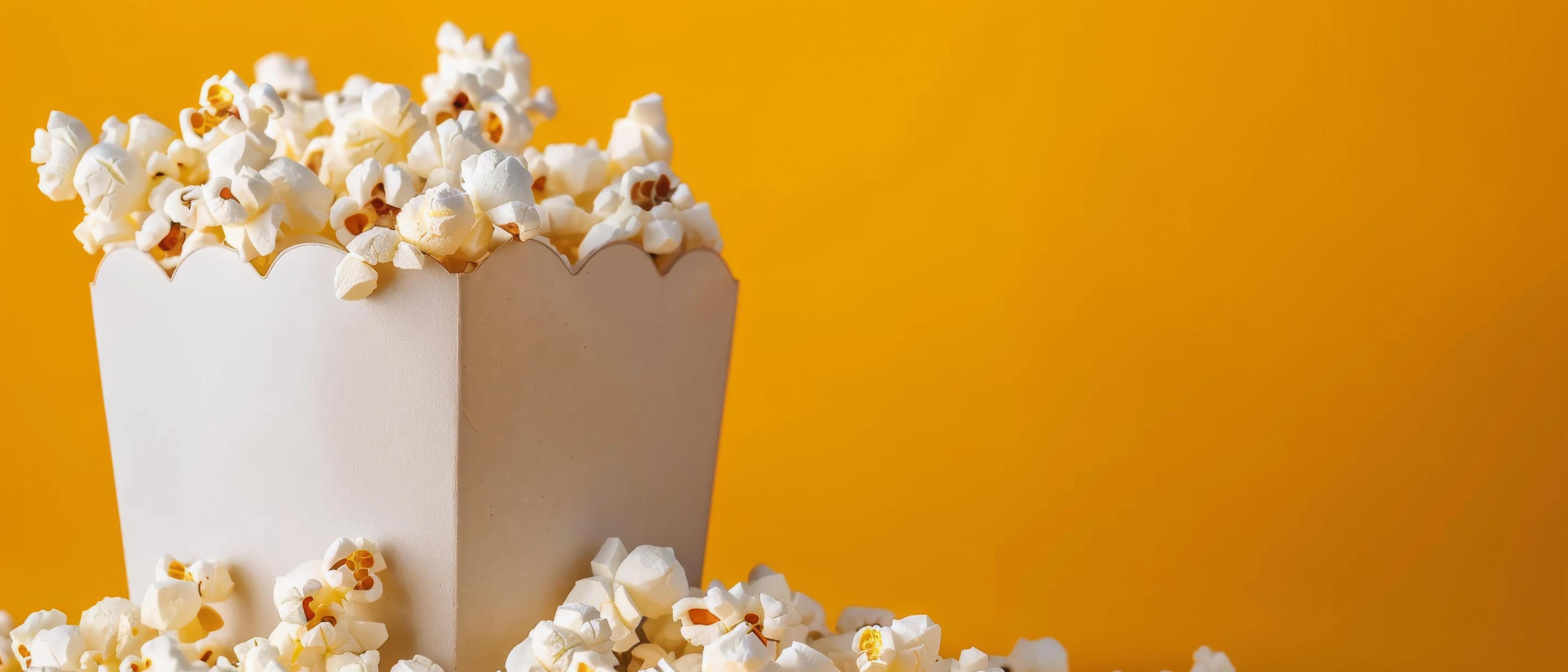 Freshly Popped Popcorn in a Striped Box Against a Bright Yellow Background Stock Free