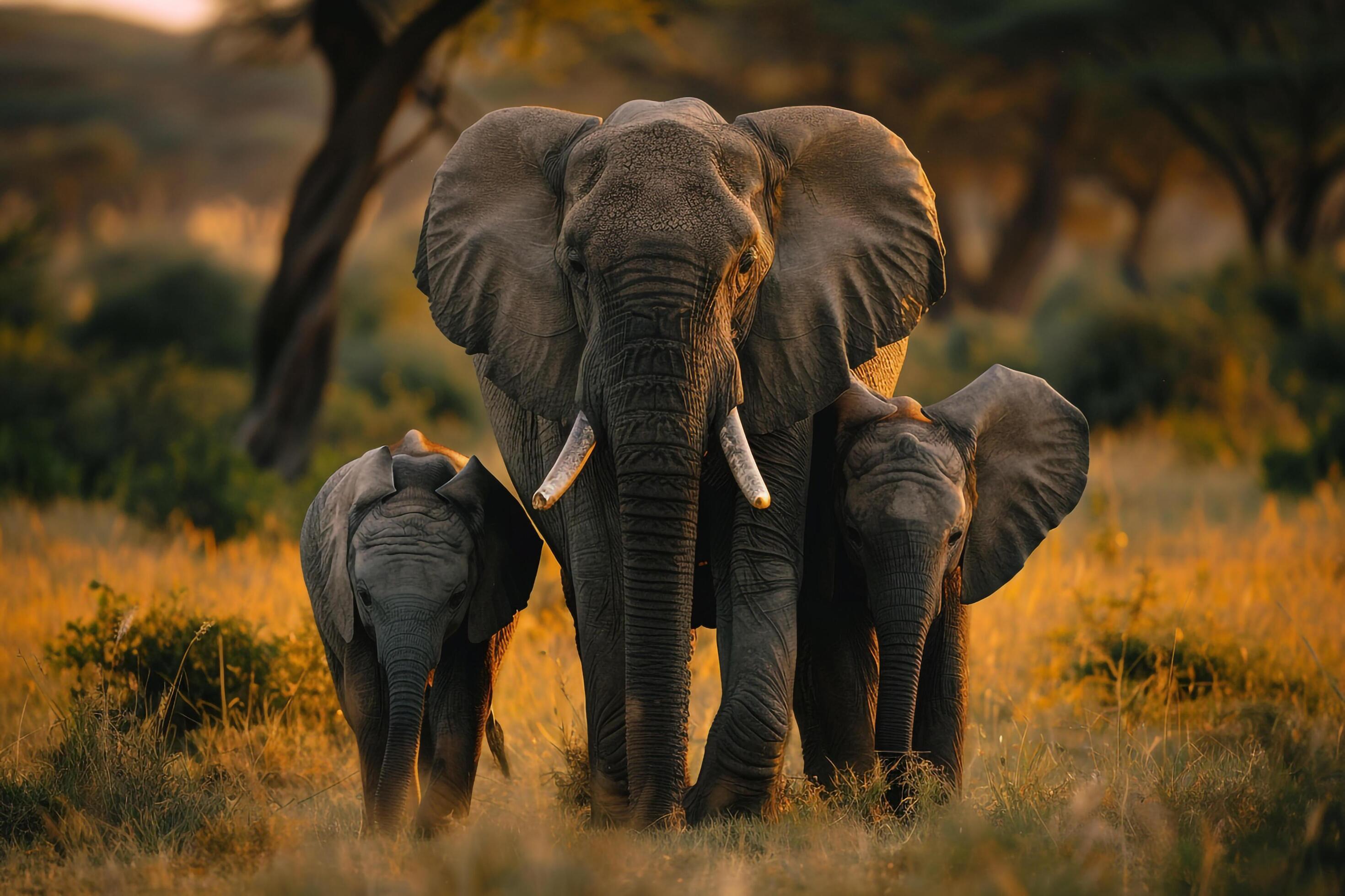 elephant family in the wild background Stock Free