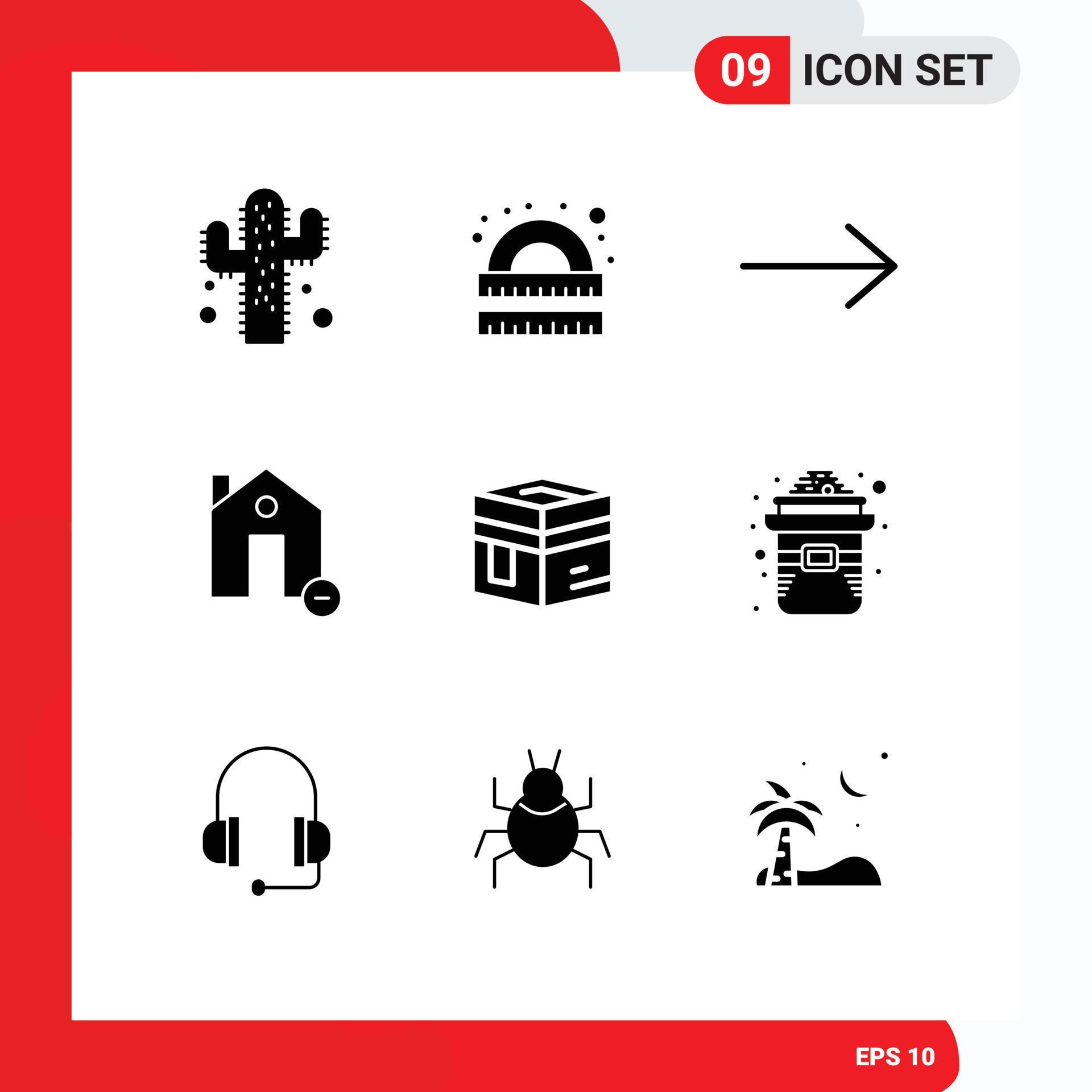 Mobile Interface Solid Glyph Set of 9 Pictograms of islam hajj arrow minus estate Editable Vector Design Elements Stock Free