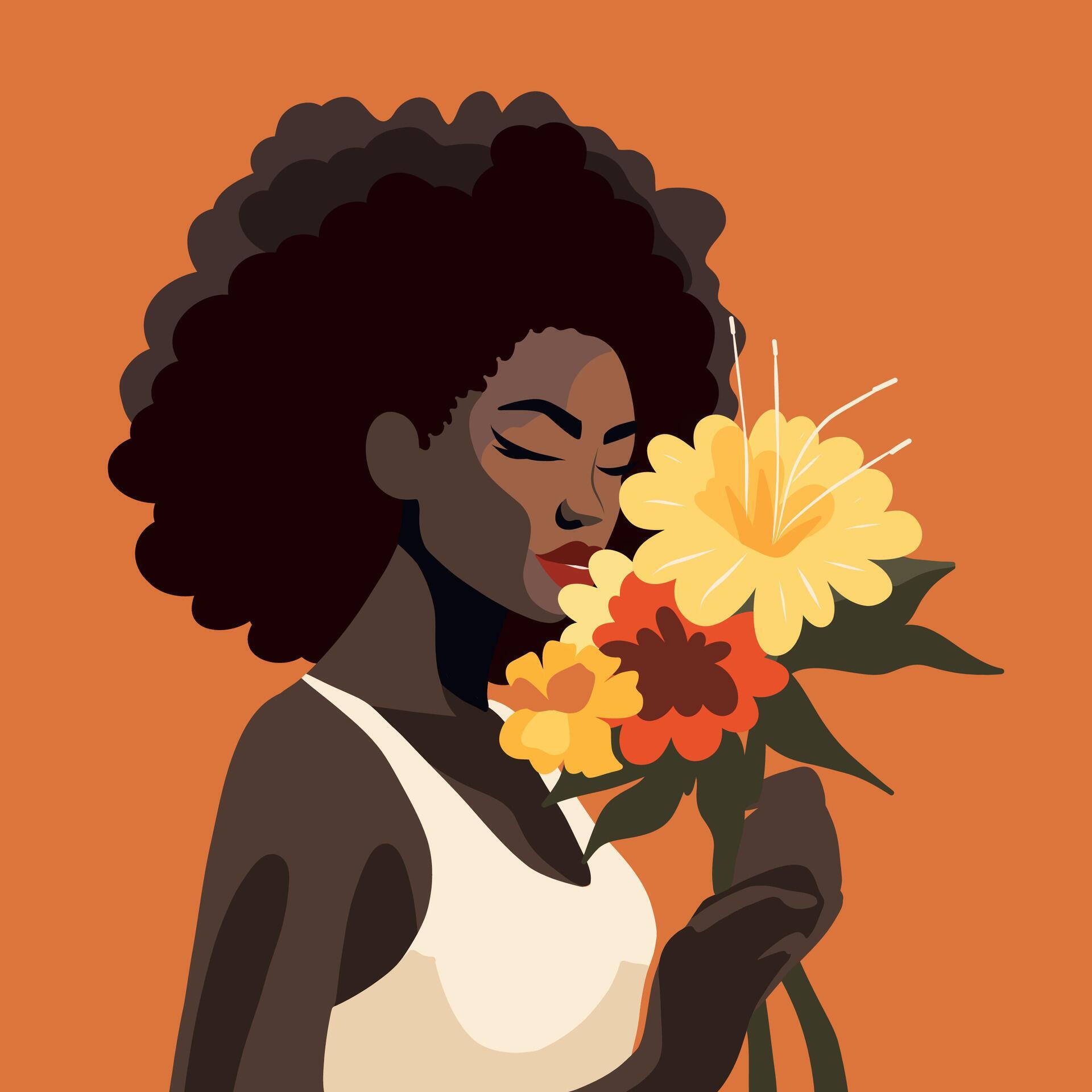 Portrait of a very beautiful African curly girl. Girl with flowers in her hands. Postcard poster banner women’s day. Feminism. Stock Free