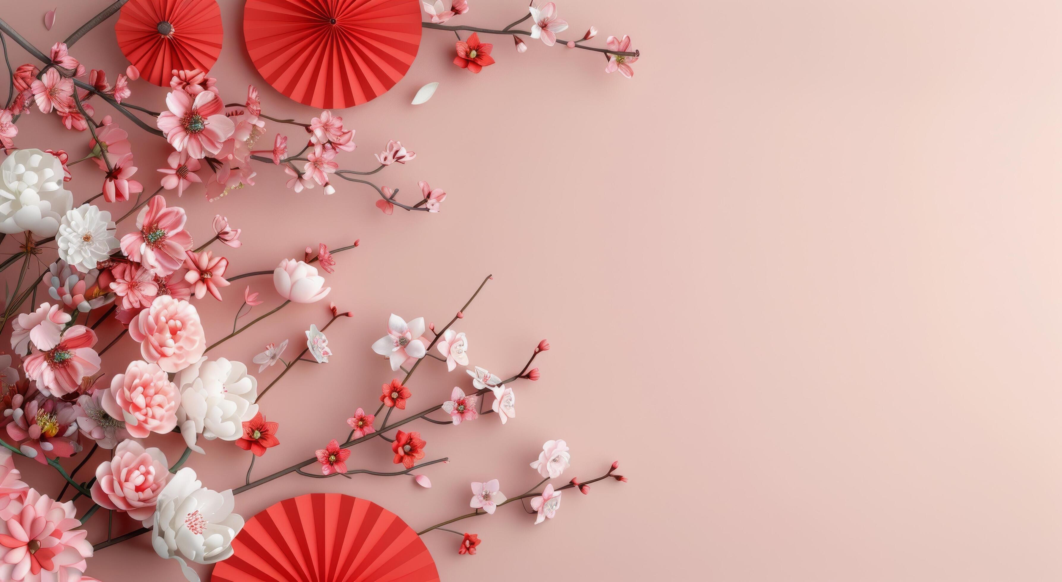 Pink Flowers and Red Fans on Pink Background Stock Free