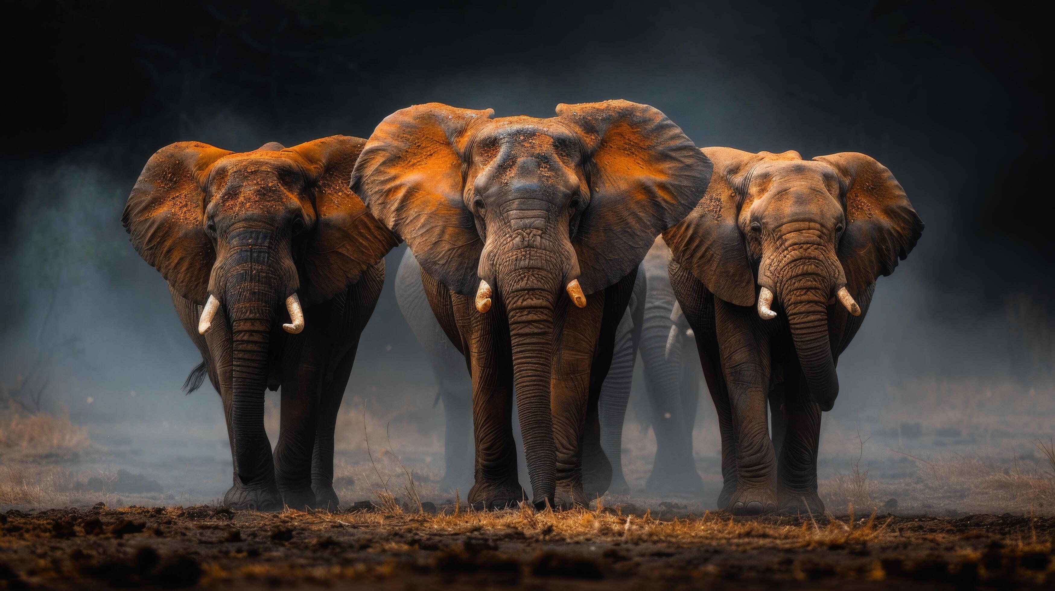 Group of Three Elephants Standing Together Stock Free