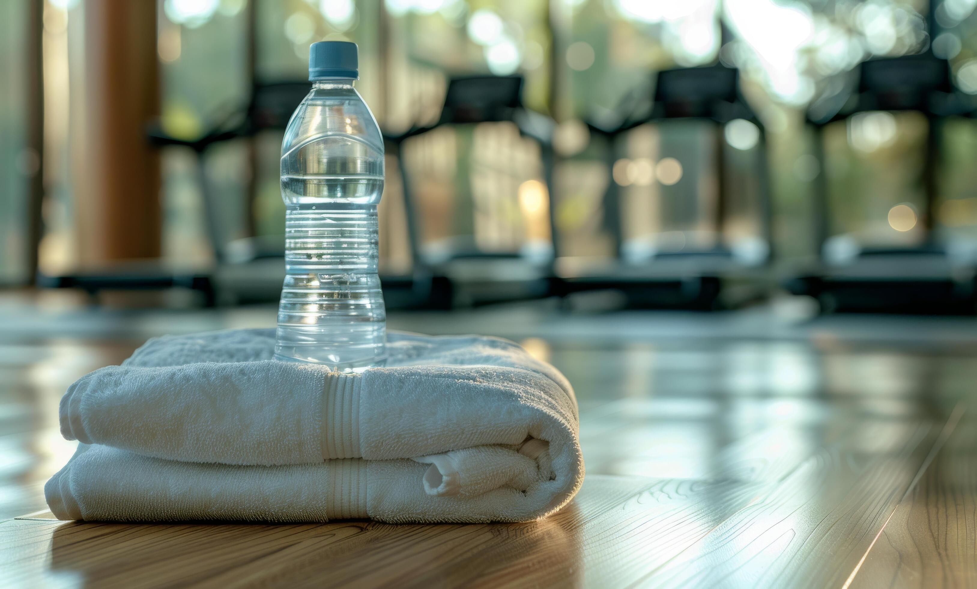 Water Bottle and Towel Resting on Wooden Floor in Fitness Studio Stock Free