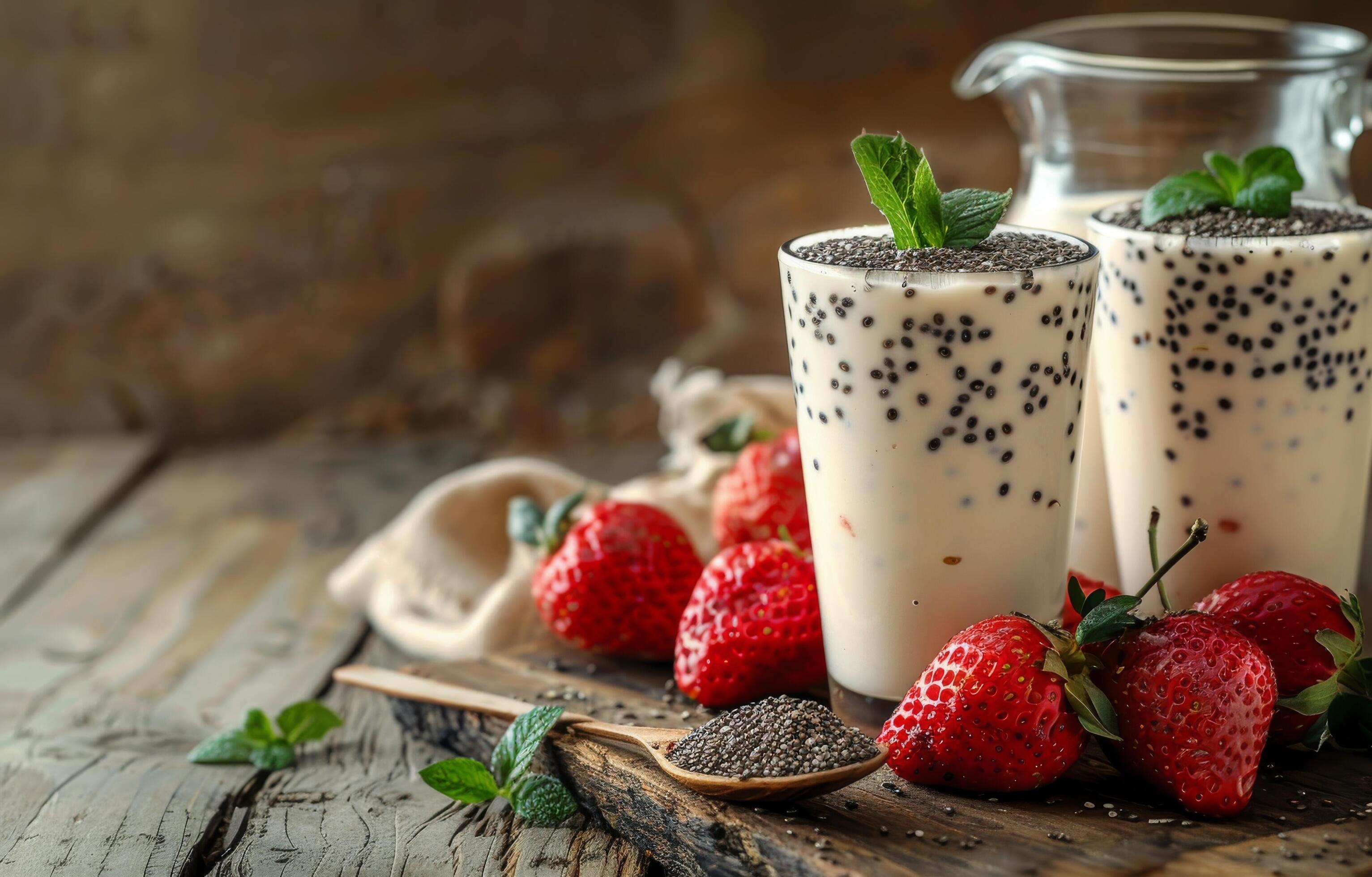 Chia Seed Pudding With Milk and Strawberries on Wooden Cutting Board Stock Free