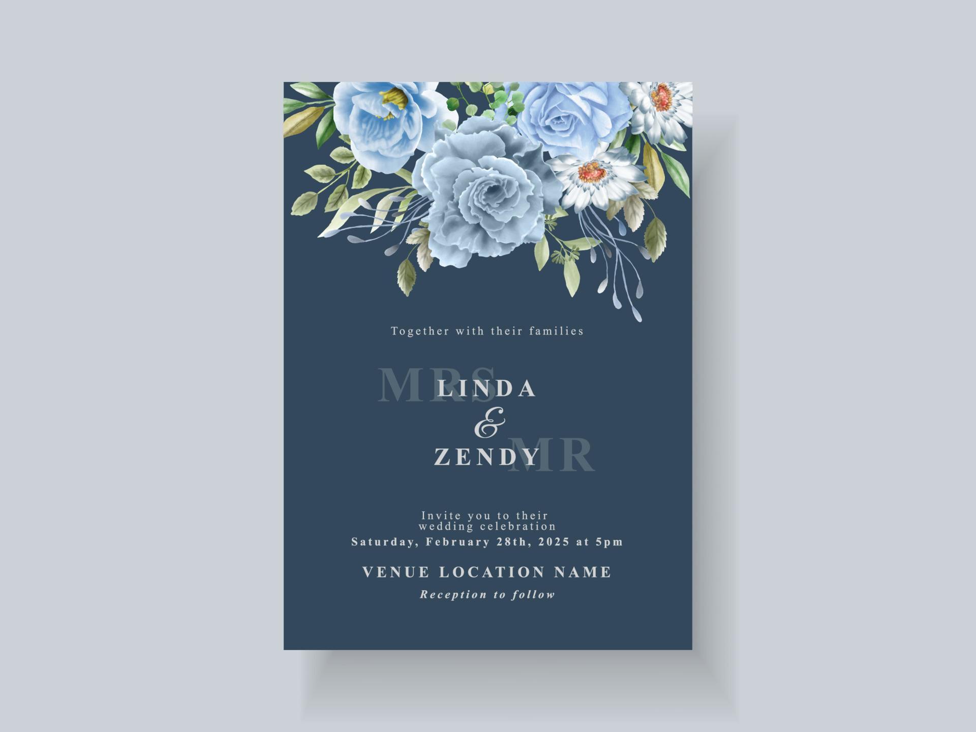 Beautiful blue flowers wedding invitation card template Stock Free