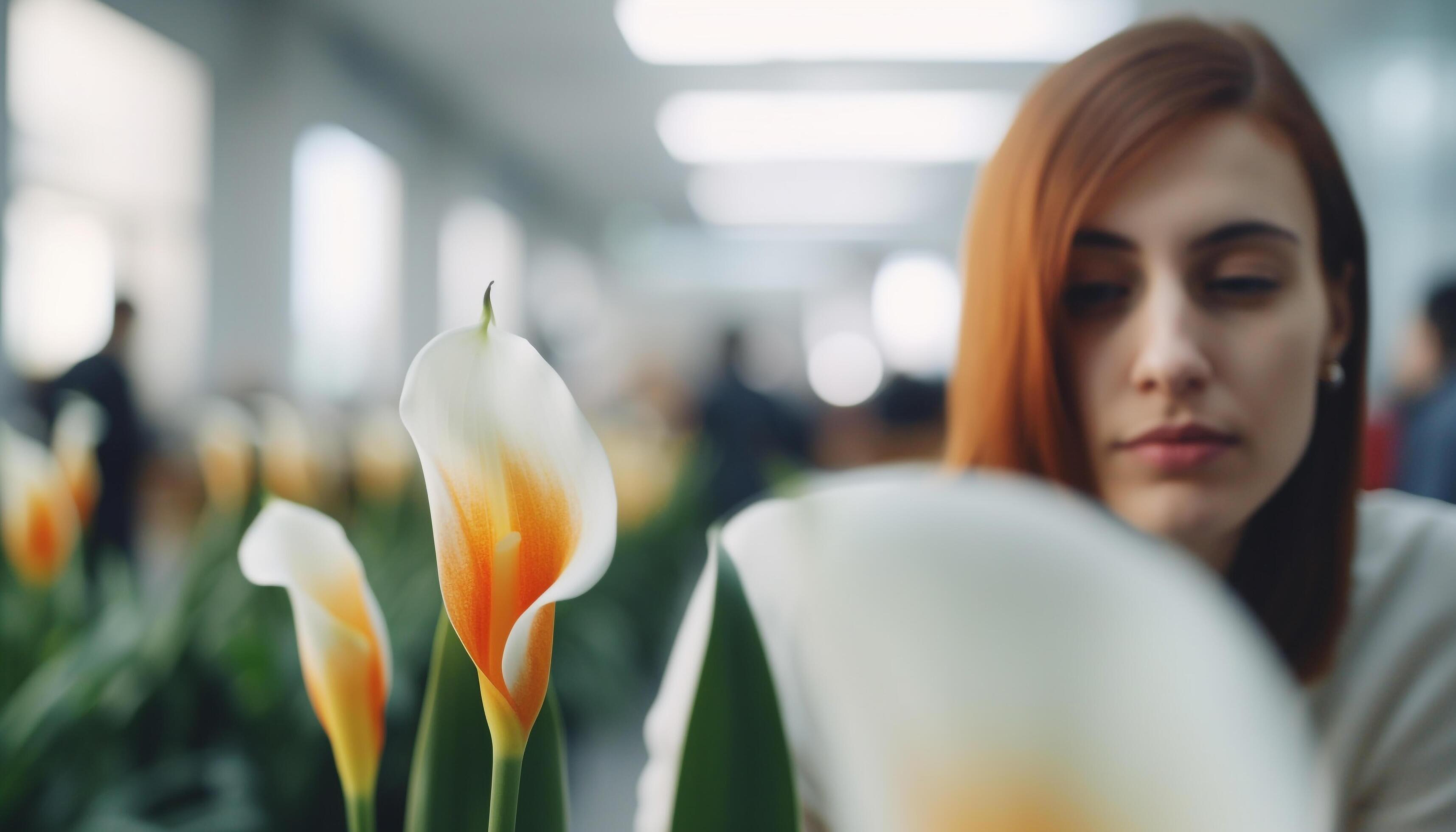 Young woman smiling, holding flower, looking at camera indoors generated by AI Stock Free