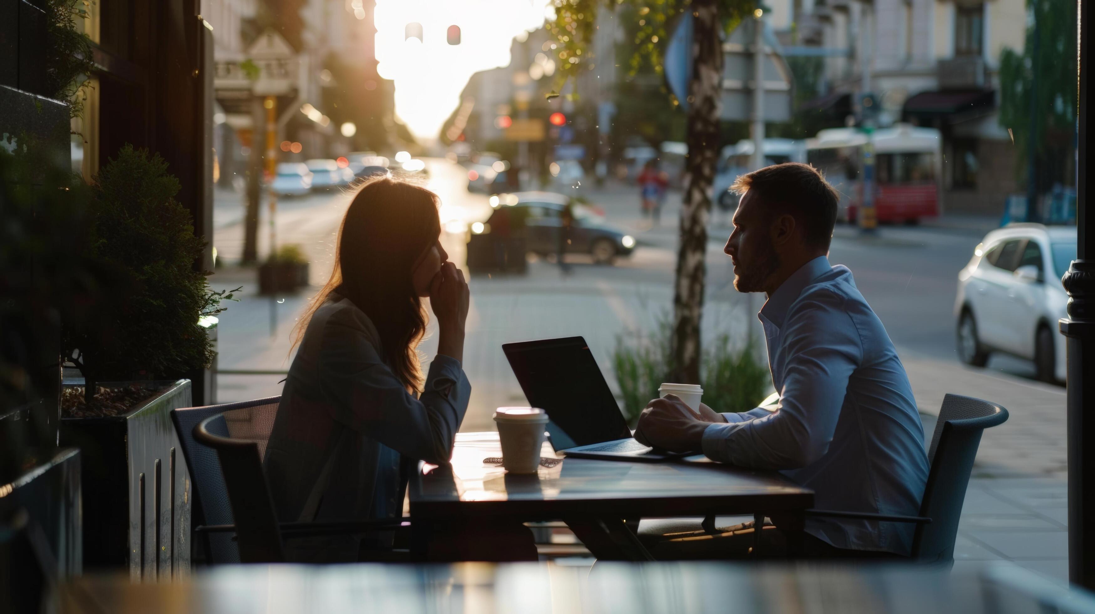 Two people having a conversation at an outdoor cafe table with a laptop and coffee as the sun sets on a bustling street. Stock Free