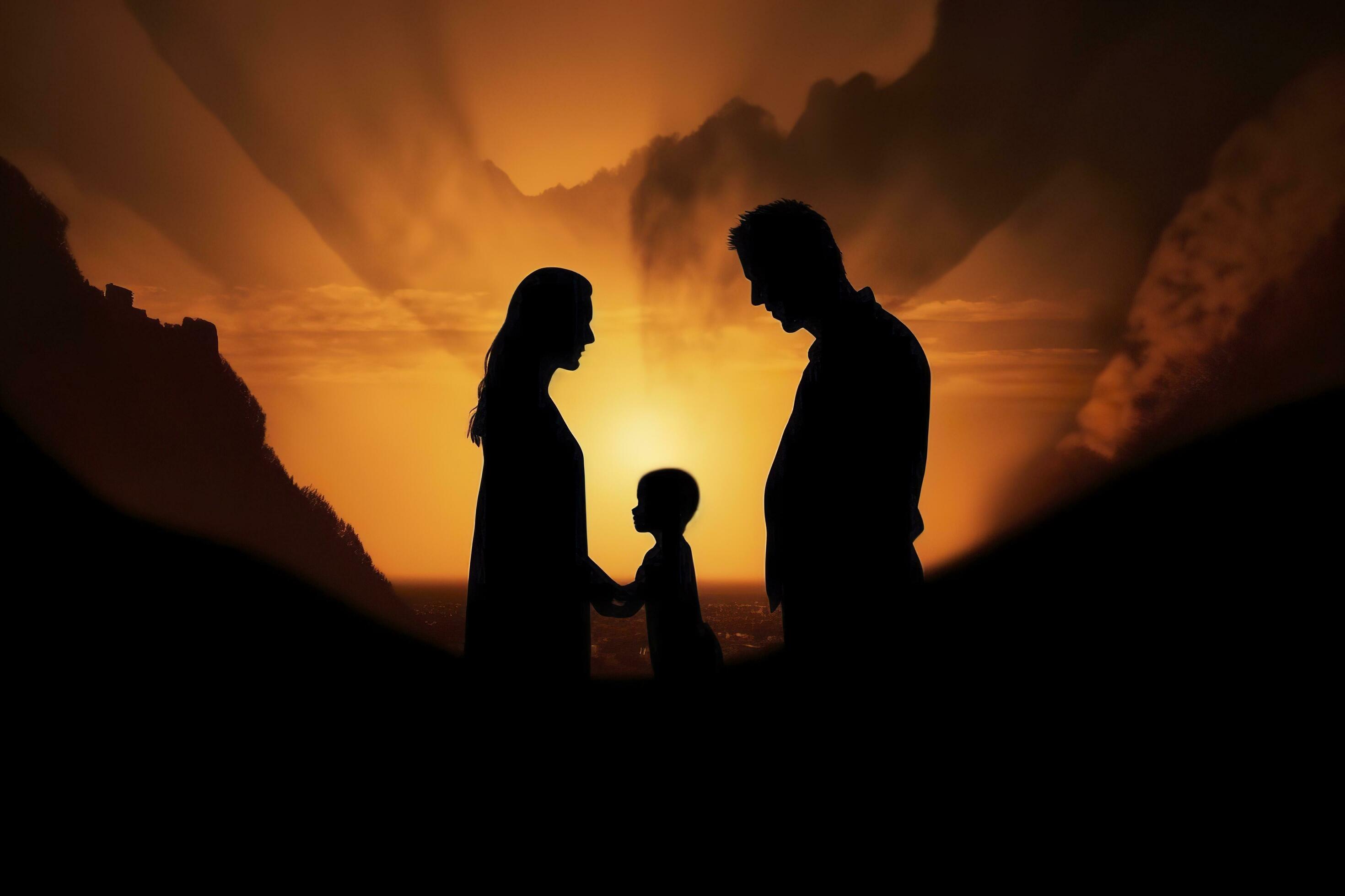 Shadow of Happy family together, parents with their little baby at sunset. A Silhouette of Love and Unity. AI Generative Stock Free