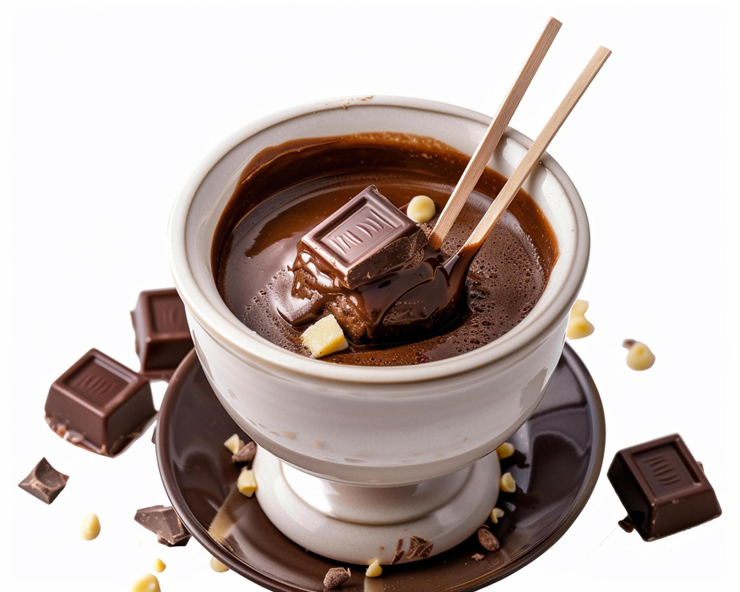 a chocolate hot chocolate with a spoon and some pieces of chocolate Stock Free